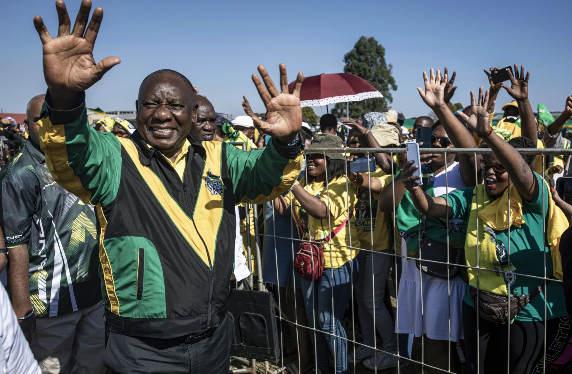 South African President Cyril Ramaphosa greets supporters during an election rally on May 17, 2024, at Lakhis Sports Ground in Greytown, KwaZulu-Natal, South Africa. 