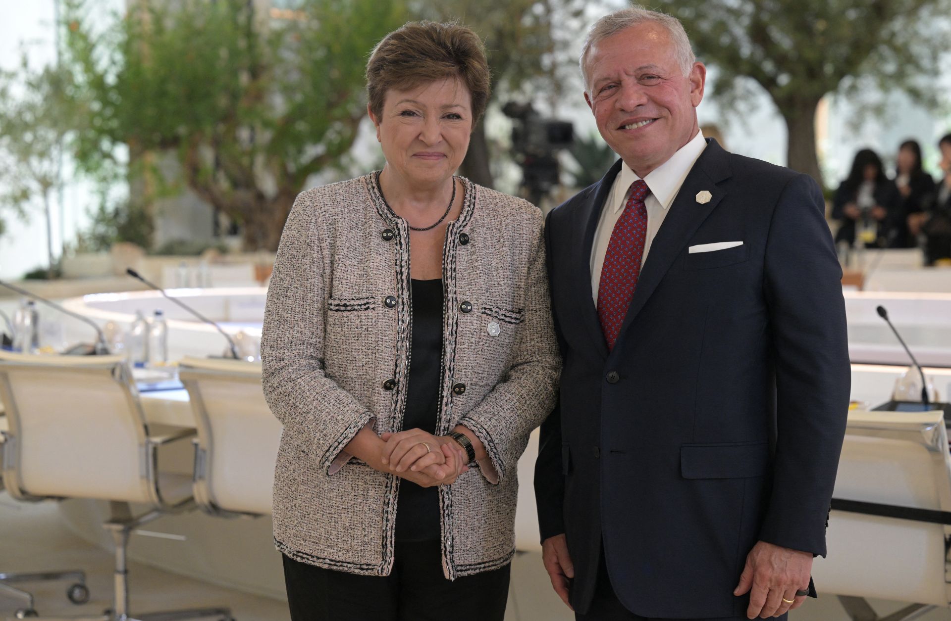 Jordan's King Abdullah II (right) and the head of the International Monetary Fund (IMF), Kristalina Georgieva, pose for a photo during the 2024 G-7 Summit in Savelletri, Italy, on June 14, 2024.