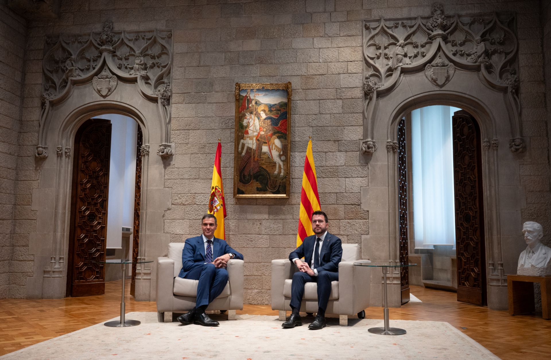 Spanish Prime Minister Pedro Sanchez (left) and Catalan regional president Pere Aragones (right) pose during their meeting at the Generalitat Palace in Barcelona on July 24, 2024. 
