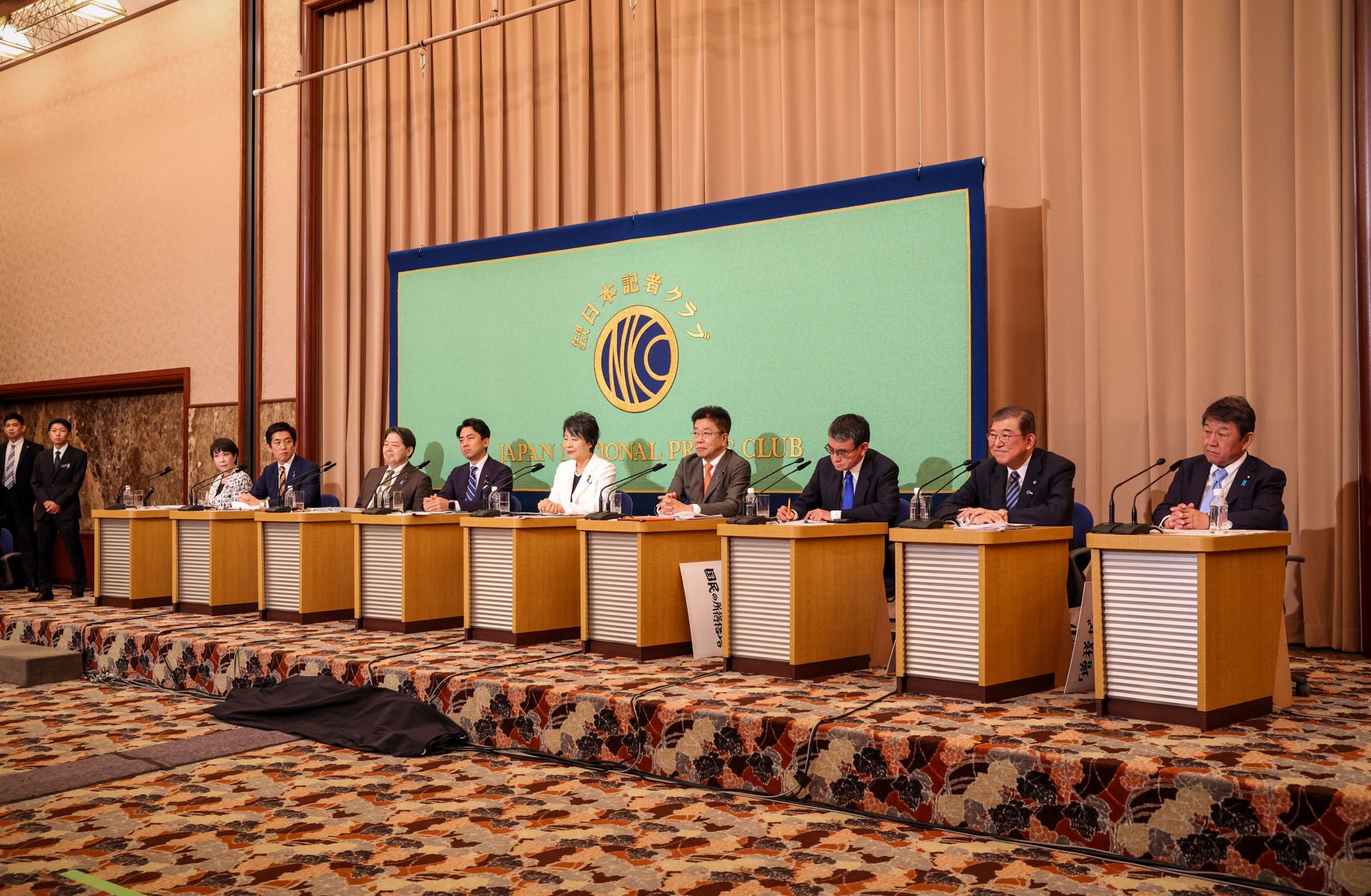 The candidates for Japan's ruling Liberal Democratic Party's (LDP) leadership election sit on stage during a debate in Tokyo on Sept. 14, 2024. The candidates for Japan's ruling Liberal Democratic Party's (LDP) leadership election sit on stage during a debate in Tokyo on Sept. 14, 2024.