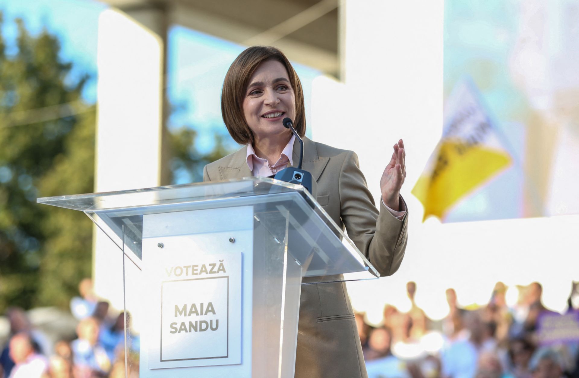 Moldovan President Maya Sandu delivers a speech in Chisinau on Sept. 20, 2024, during a rally to launch her reelection campaign. 