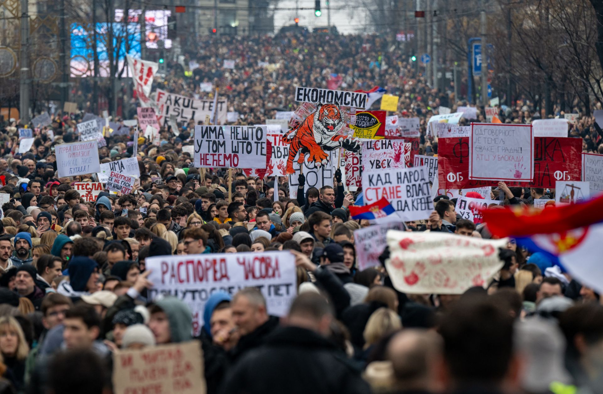 Demonstrators march in central Belgrade, Serbia, on Jan. 24, 2025, as part of a general strike over the fatal collapse of a train station roof in Novi Sad in November.