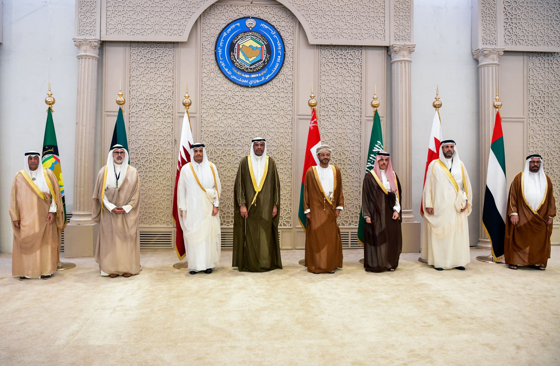 Gulf Cooperation Council (GCC) Secretary-General Jassim al-Budaiwi and the foreign ministers from the six GCC countries (Kuwait, Qatar, Oman, Saudi Arabia, Bahrain and the United Arab Emirates) pose for a group photo during the GCC foreign minister meeting in Kuwait City on June 2, 2025.