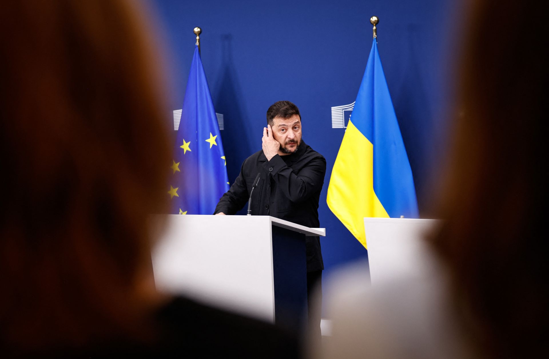 Ukrainian President Volodymyr Zelensky attends a press conference at the European Commission's headquarters in Brussels, Belgium, on Aug. 17, 2025.