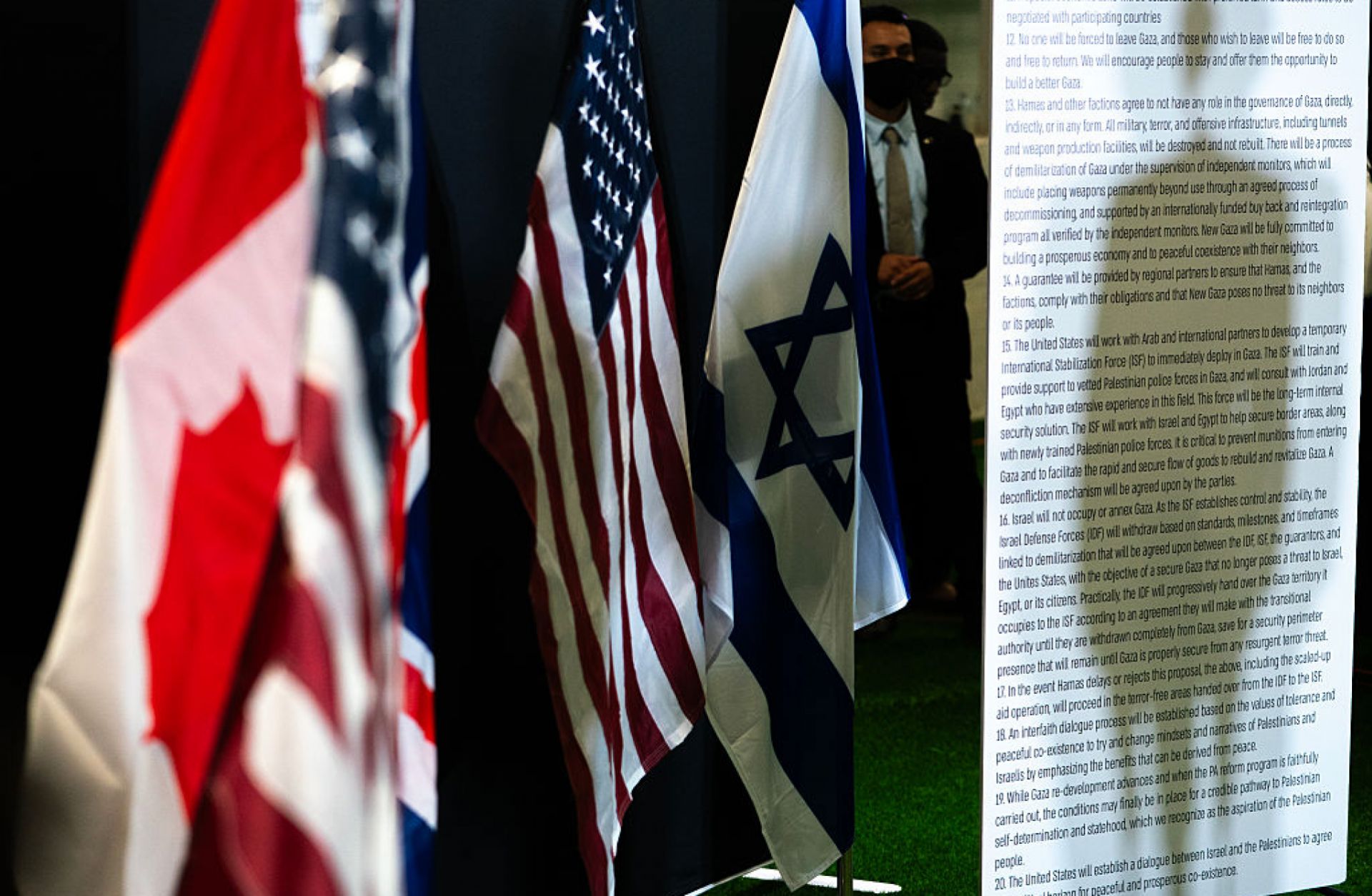 U.S. Vice President JD Vance's shadow is seen as he speaks during a press conference following a military briefing at the civilian military coordination center on Oct. 21, 2025, in Kiryat Gat, Israel. 