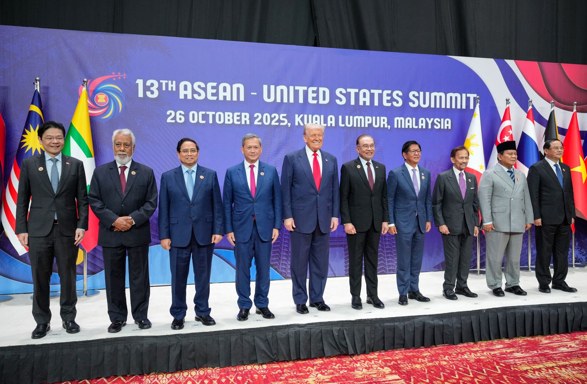 U.S. President Donald Trump (center) poses for a group photo with the leaders of (L-R) Singapore, East Timor, Vietnam, Cambodia, Malaysia, the Philippines, Brunei, Indonesia and Laos during the ASEAN leaders summit on Oct. 26, 2025.  U.S. President Donald Trump (center) poses for a group photo with the leaders of (L-R) Singapore, East Timor, Vietnam, Cambodia, Malaysia, the Philippines, Brunei, Indonesia and Laos during the ASEAN leaders summit on Oct. 26, 2025.