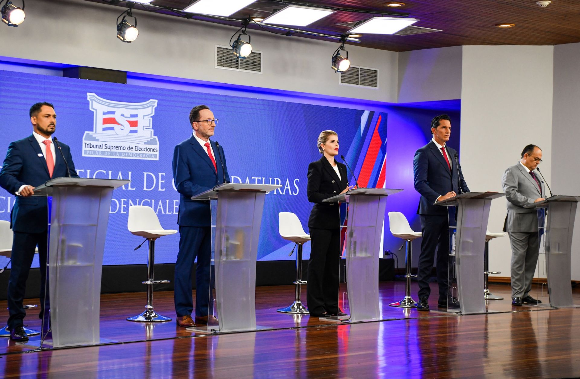 The candidates running in Costa Rica's 2026 presidential election participate in a debate at the Supreme Electoral Tribunal in San Jose, Costa Rica, on Jan. 11, 2026. 