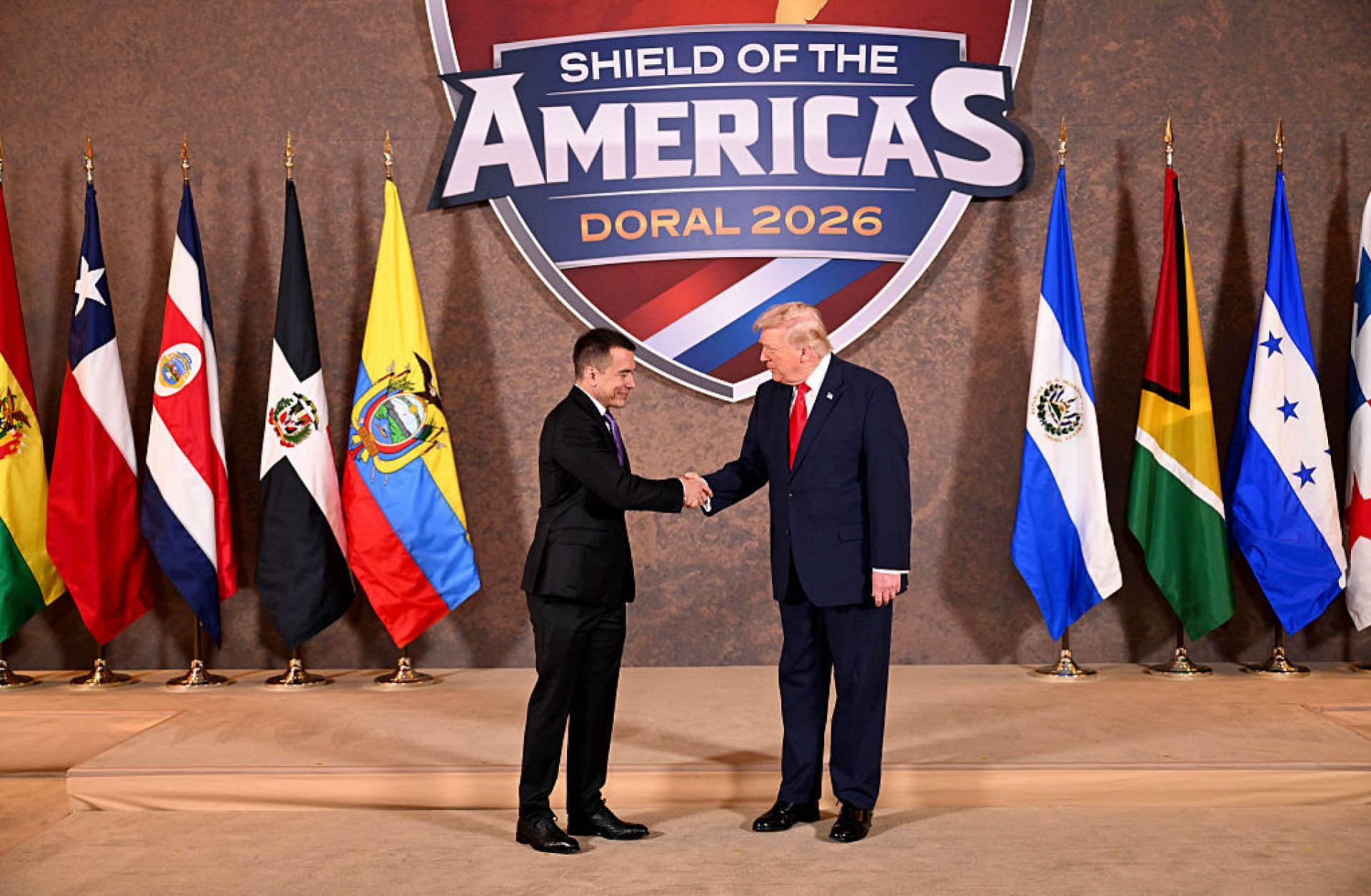 U.S. President Donald Trump greets Ecuadorian President Daniel Noboa at his "Shield of the Americas" summit, a gathering with heads of state and government officials from 12 countries in the Americas at the Trump National Doral Golf Club on March 7, 2026, in Doral, Florida. 