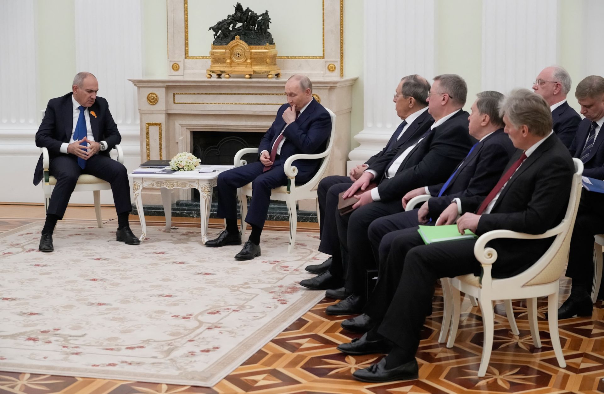Russian President Vladimir Putin (center) and Armenian Prime Minister Nikol Pashinyan (left) hold talks at the Kremlin in Moscow on April 1, 2026.
