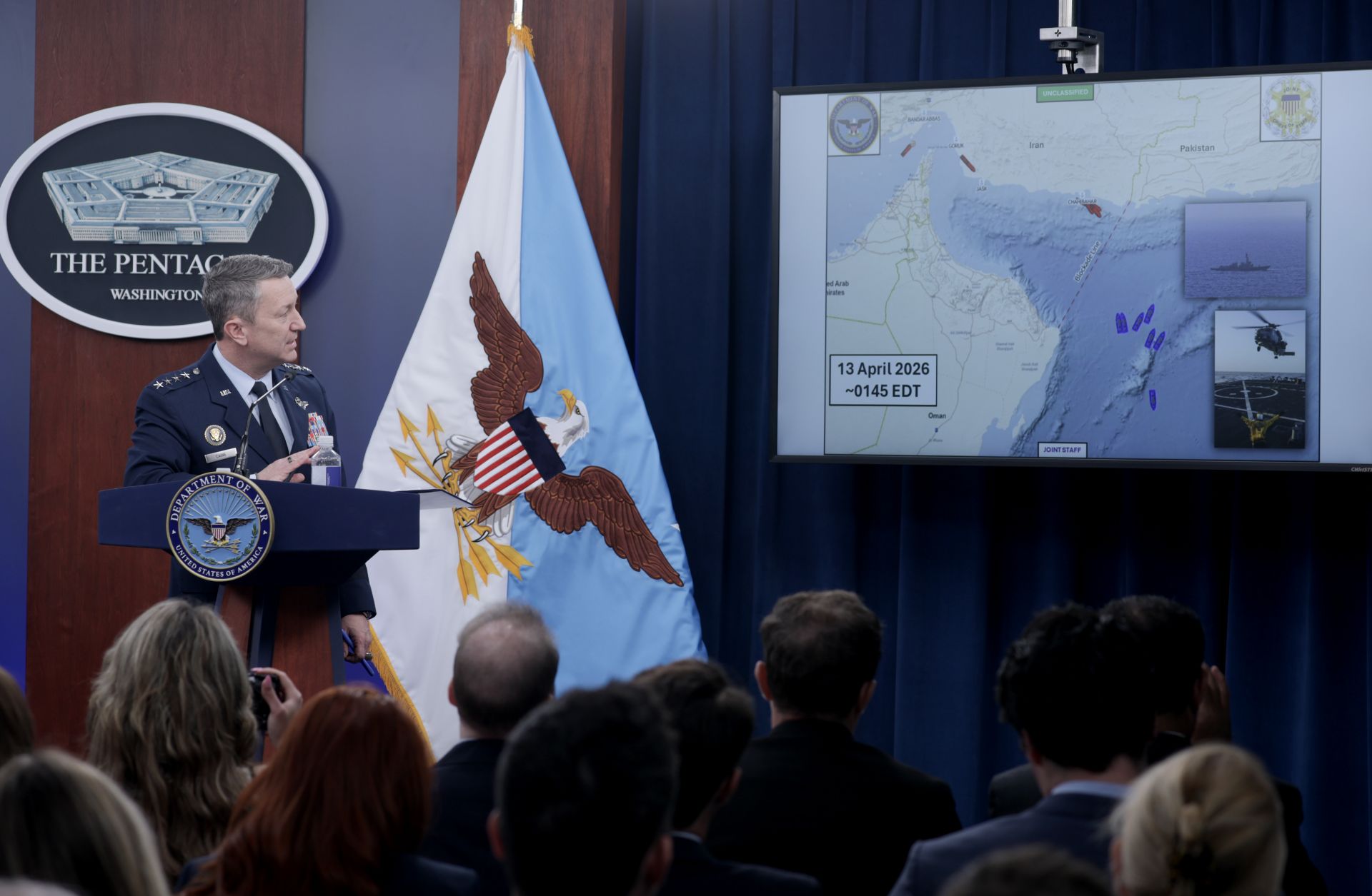 Chairman of the Joint Chiefs of Staff Gen. Dan Caine speaks as he displays a map showing the U.S. Navy's blockade of the Strait of Hormuz during a press briefing at the Pentagon on April 16, 2026, in Arlington, Virginia. 