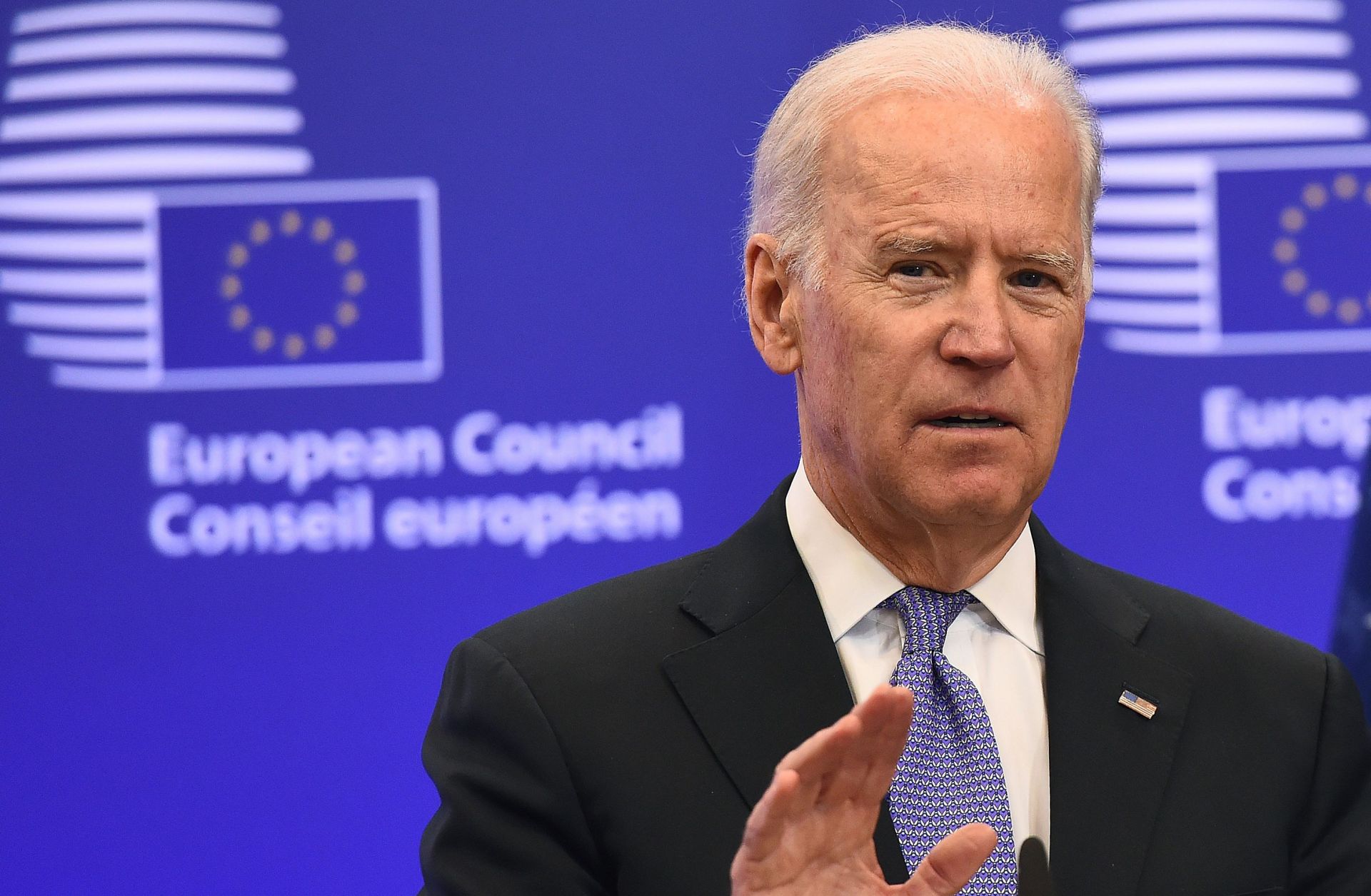 Then-U.S. Vice President Joe Biden speaks during a 2015 meeting with EU leaders in Brussels, Belgium.