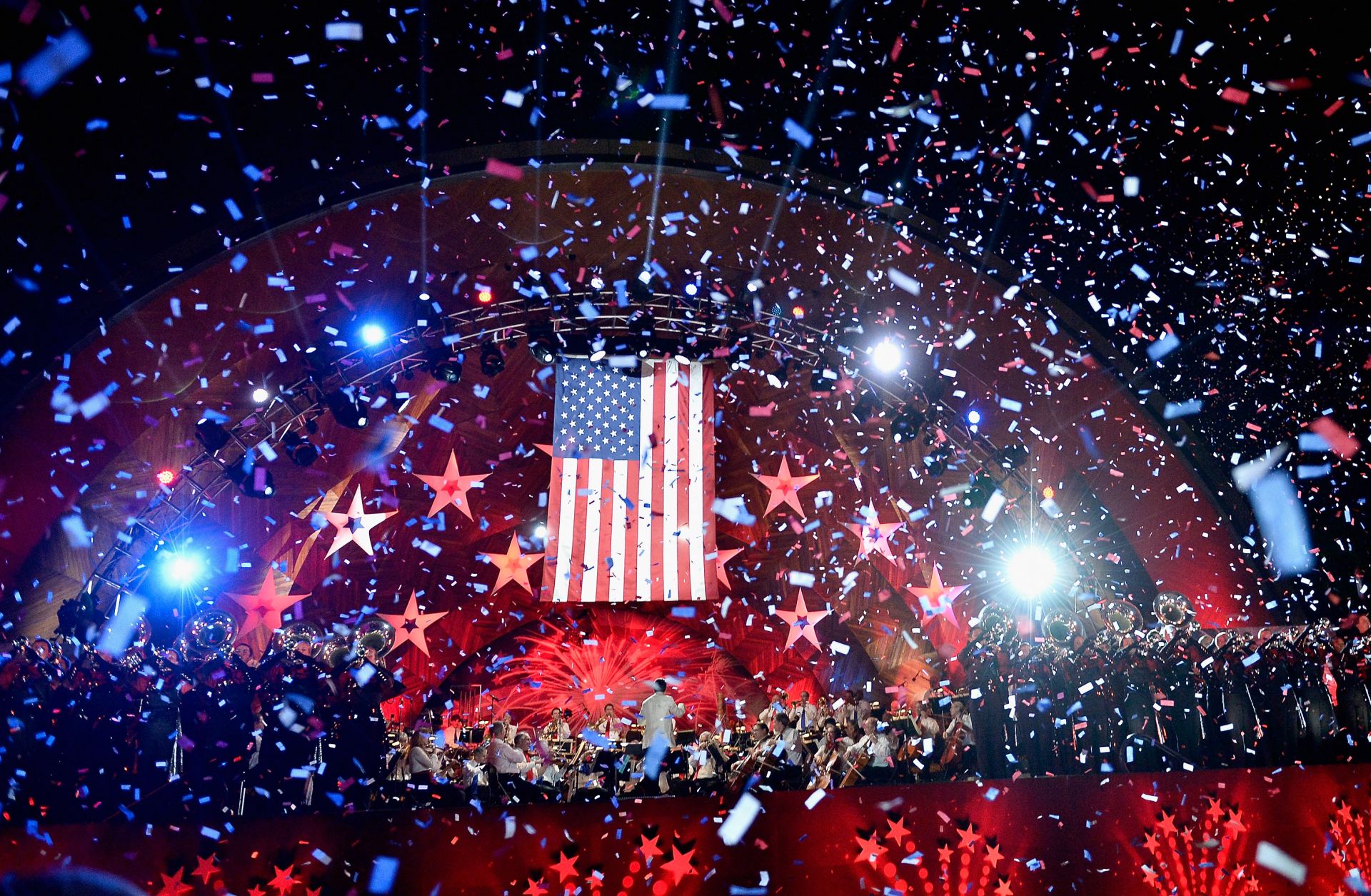 The Boston Pops Orchestra rehearses for a Fourth of July fireworks show on July 3, 2015, in Boston, Massachusetts.