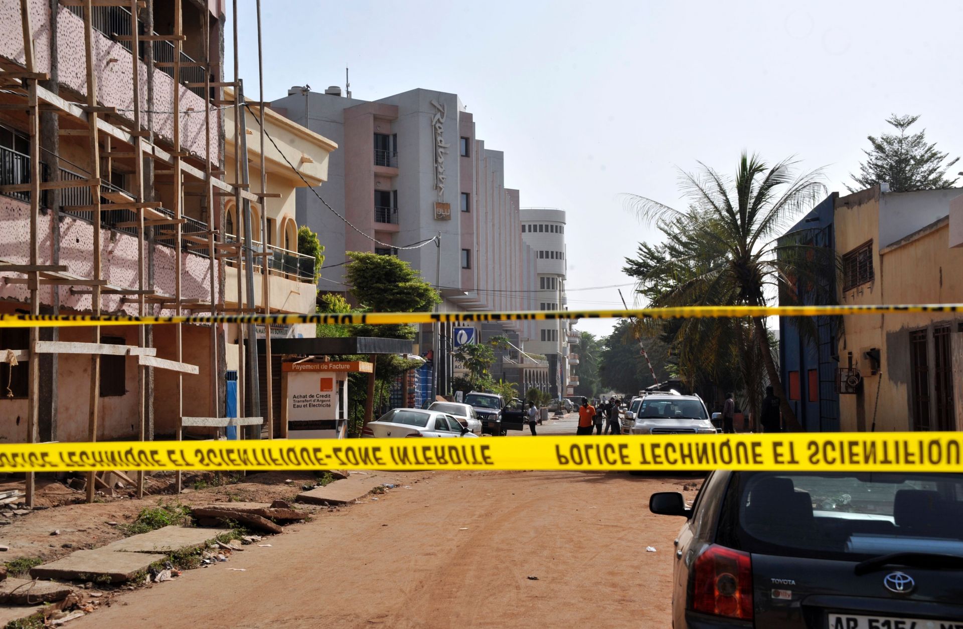 Police tape cordons off the street of the Radisson Blu hotel in Bamako on Nov. 21, 2015, a day after the deadly jihadist siege at the luxury hotel. 