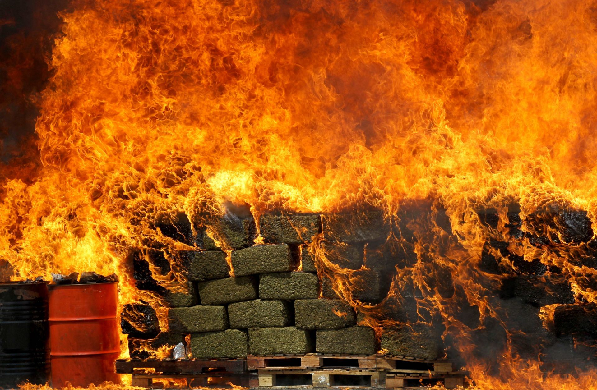 Seized marijuana bricks are incinerated in Guadalajara, Mexico.