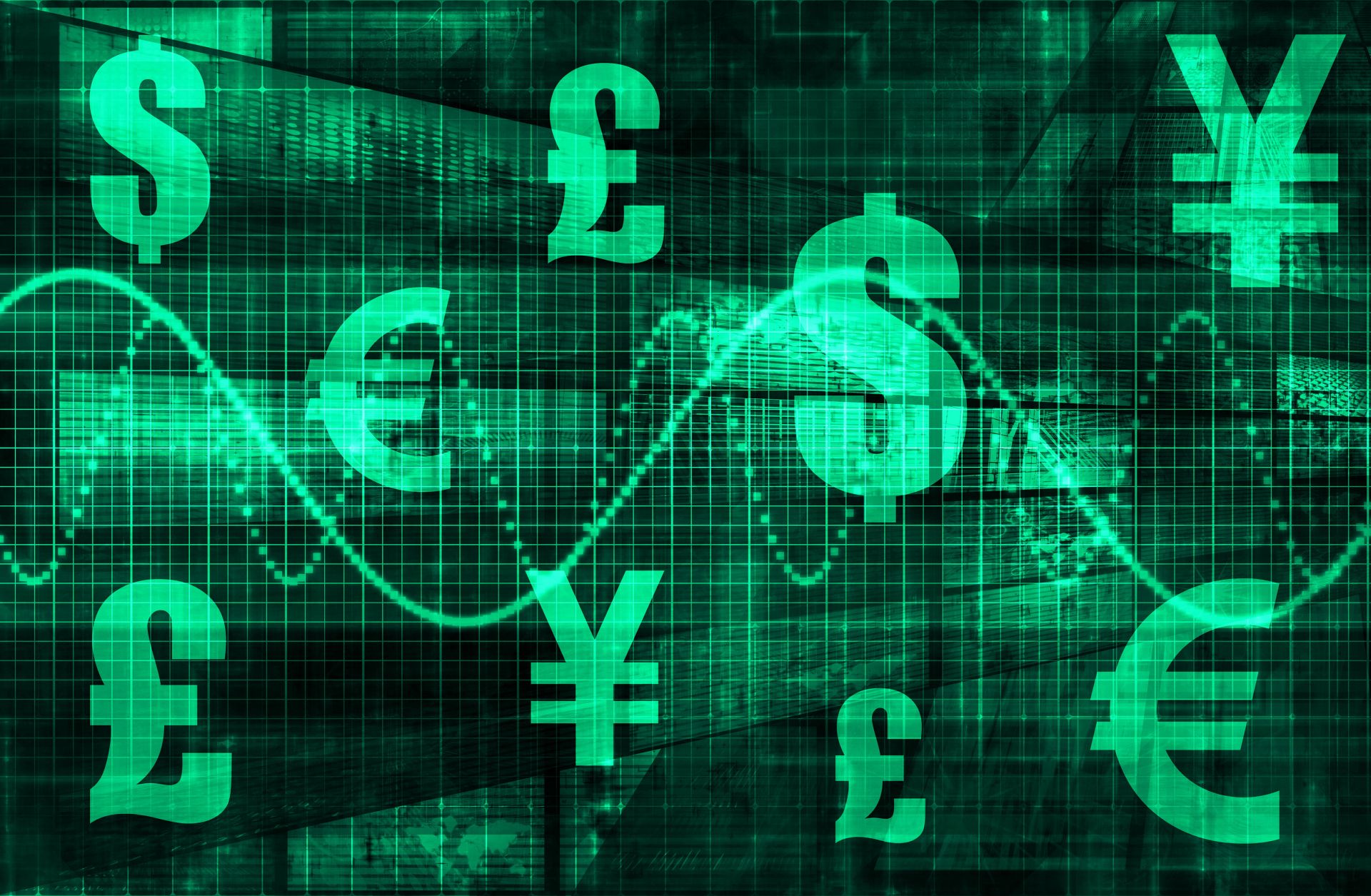 The symbols of various currencies are superimposed over a green background.