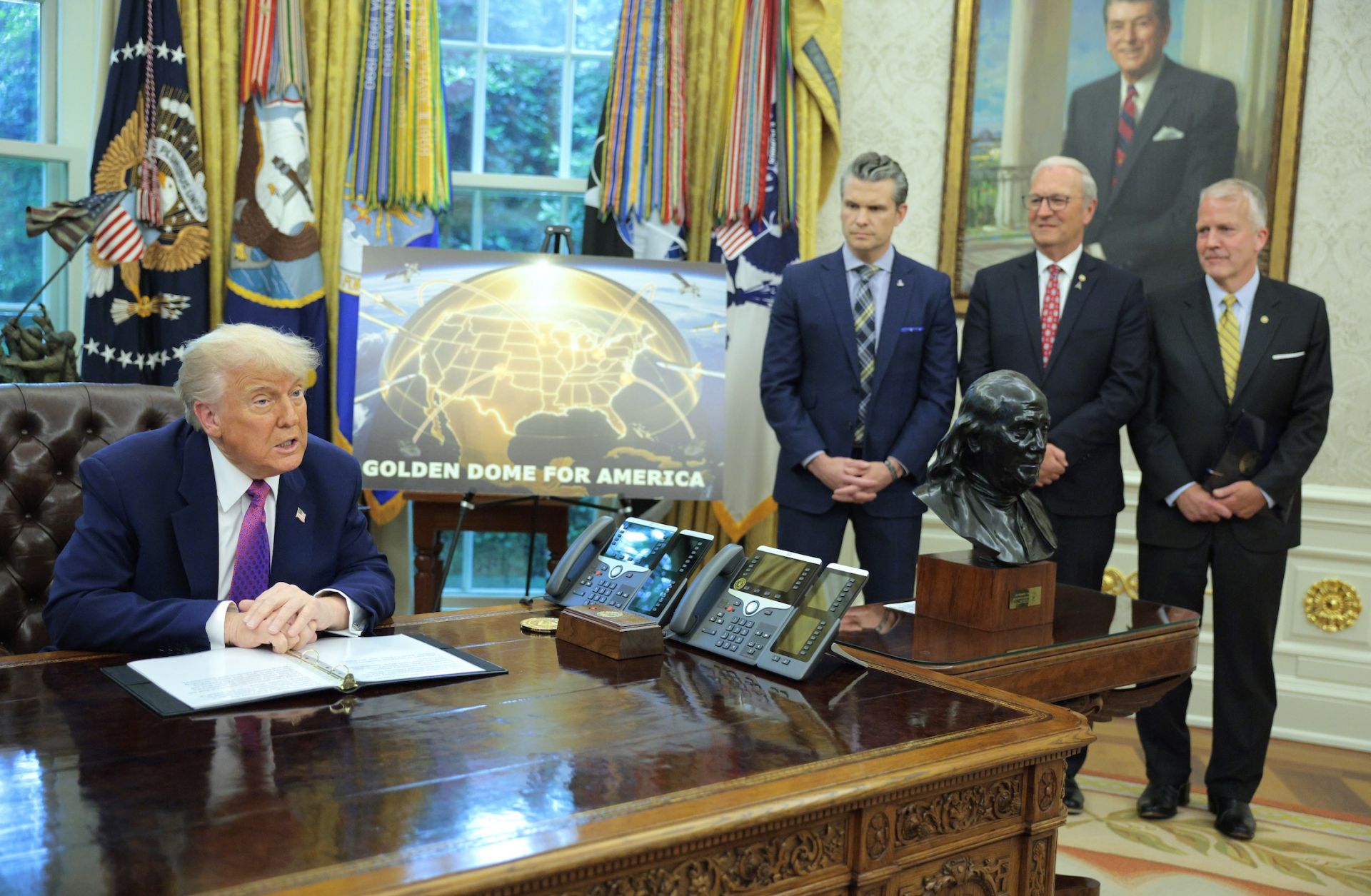 U.S. President Donald Trump discusses his plans for a "Golden Dome" U.S. missile defense shield in the Oval Office of the White House on May 20, 2025. U.S. President Donald Trump discusses his plans for a "Golden Dome" U.S. missile defense shield in the Oval Office of the White House on May 20, 2025.