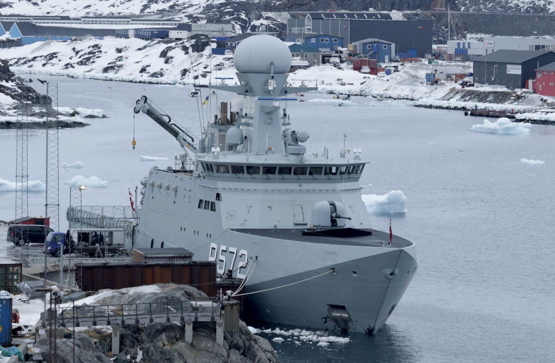The Danish-flagged DMS Lauge Koch, an offshore Royal Danish Navy patrol vessel, docks at the Port of Nuuk on March 12, 2025, in Nuuk, Greenland.