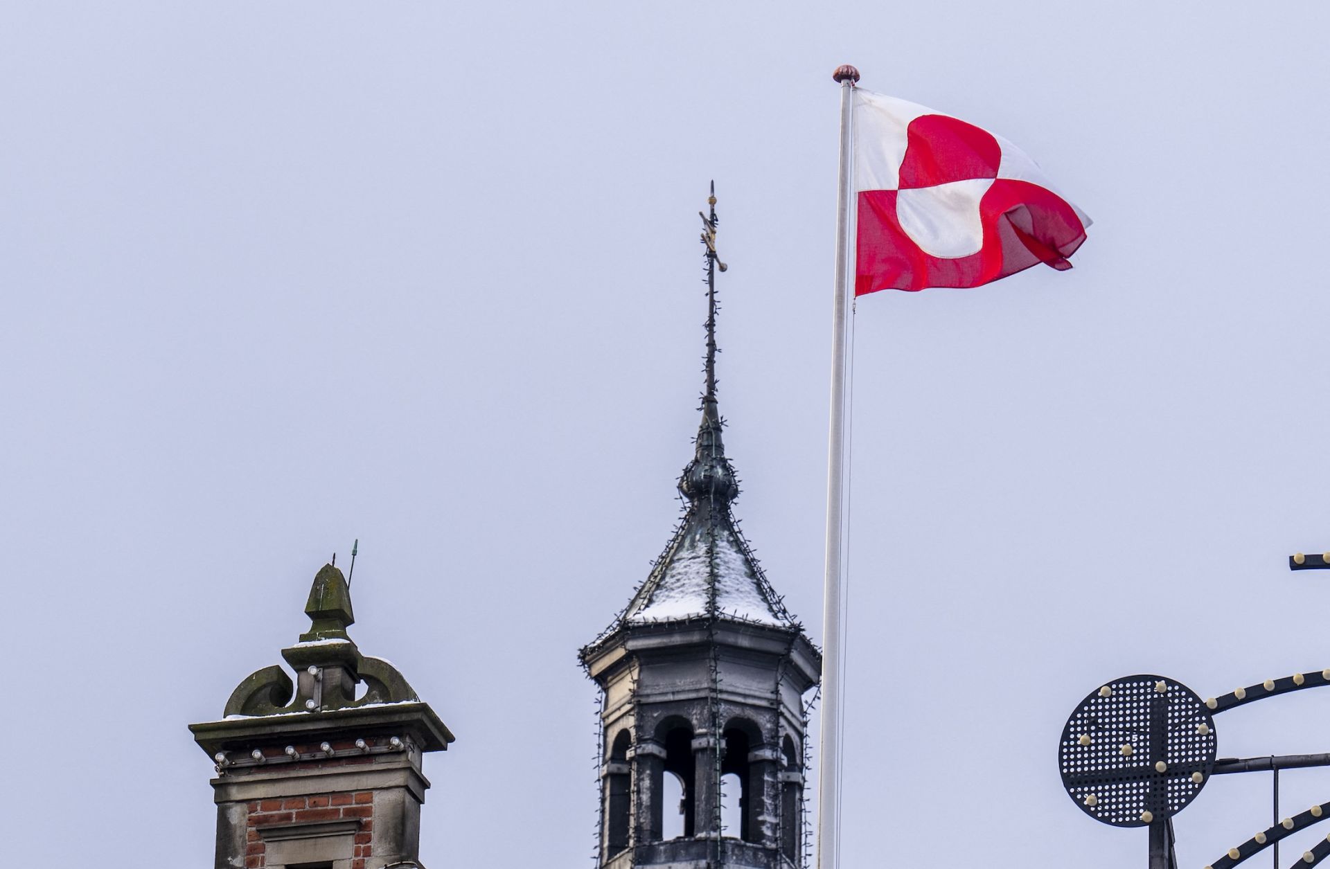The Greenlandic flag on Jan. 8, 2026, on the roof of Tivoli Castle in Copenhagen, Denmark.