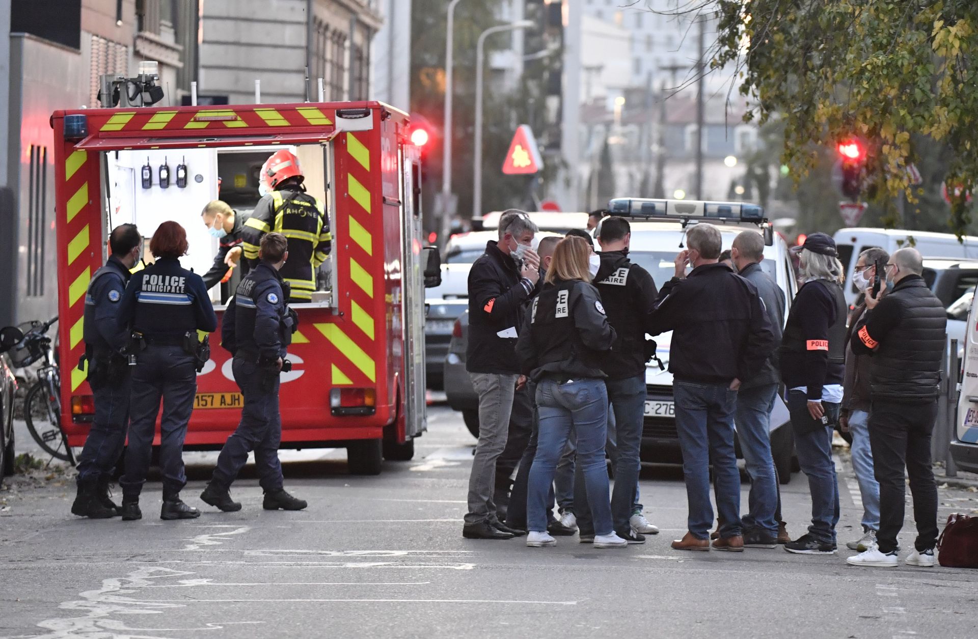 Emergency personnel on Oct. 31, 2020, in Lyon, France, at the scene of an attack on a Greek Orthodox priest. The continual reemergence of the Mohammed cartoon controversy suggests that this issue will remain an issue that motivates violence for years to come. Emergency personnel on Oct. 31, 2020, in Lyon, France, at the scene of an attack on a Greek Orthodox priest.