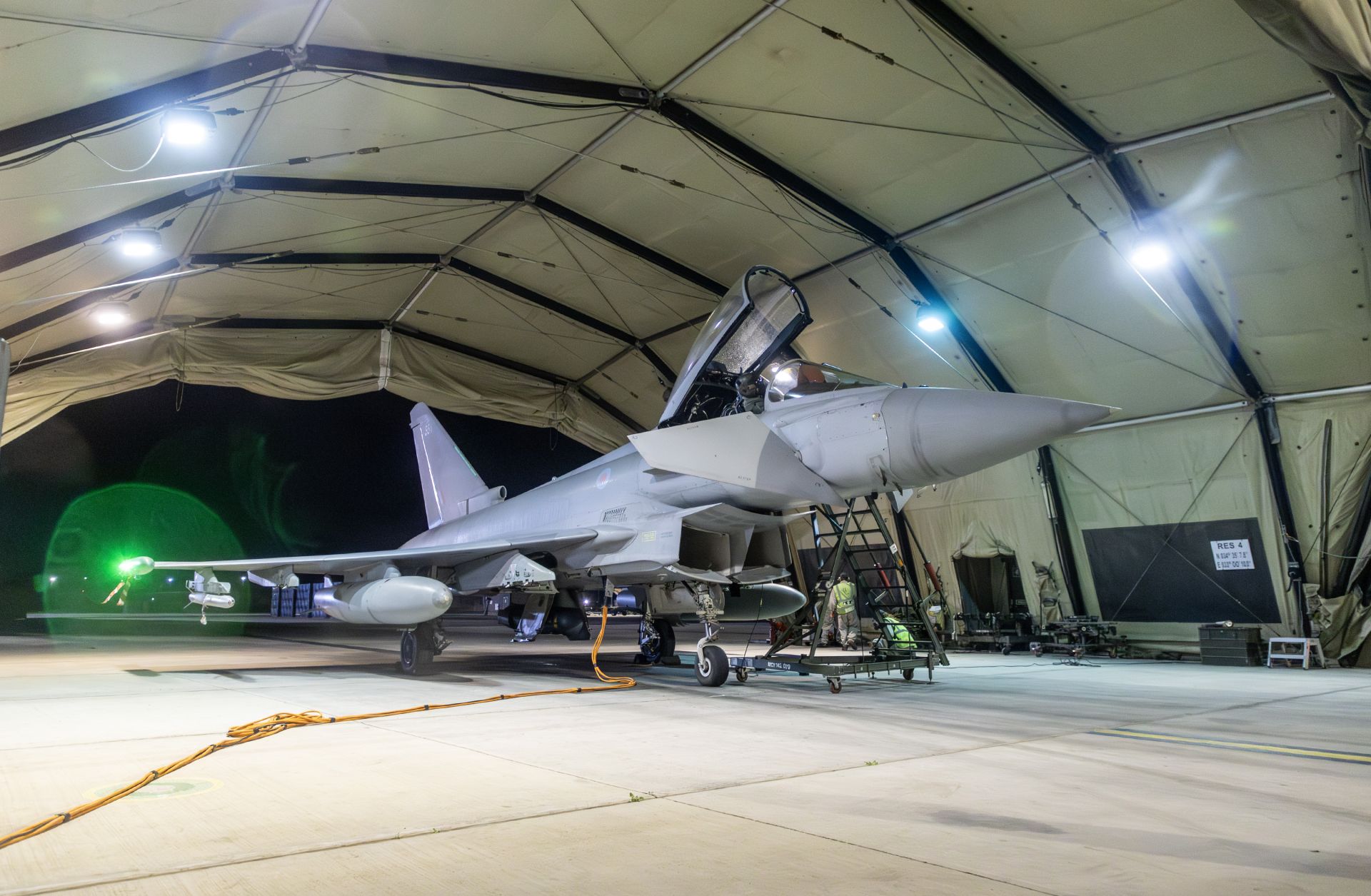 A Royal Air Force Typhoon aircraft returns to berth following a strike mission on Yemen's Houthi rebels at RAF Akrotiri on Jan. 12, 2024, in Akrotiri, Cyprus.