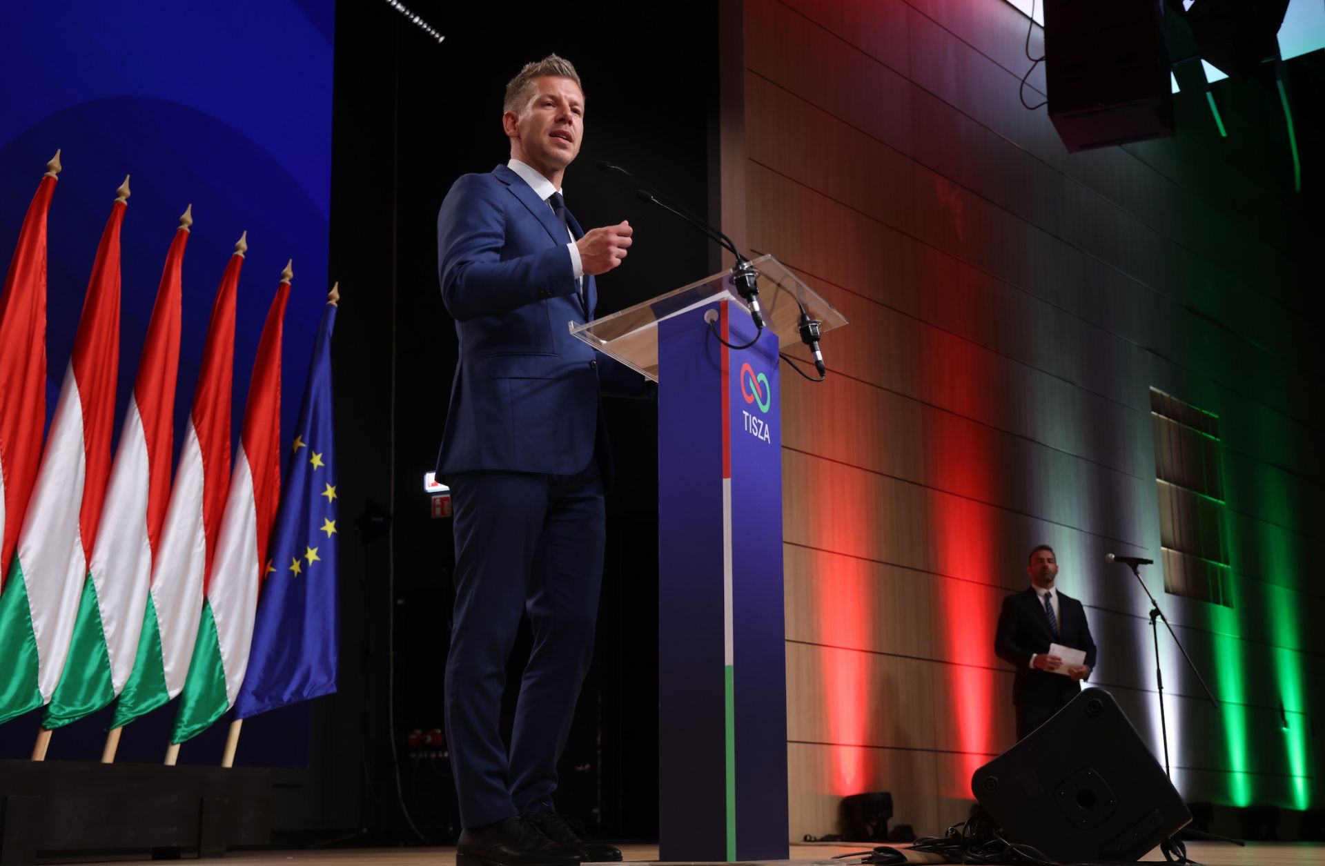 Peter Magyar, lead candidate of the Tisza party, speaks to reporters in Budapest on April 13, 2026, after his party's sweeping victory in Hungary's parliamentary elections.