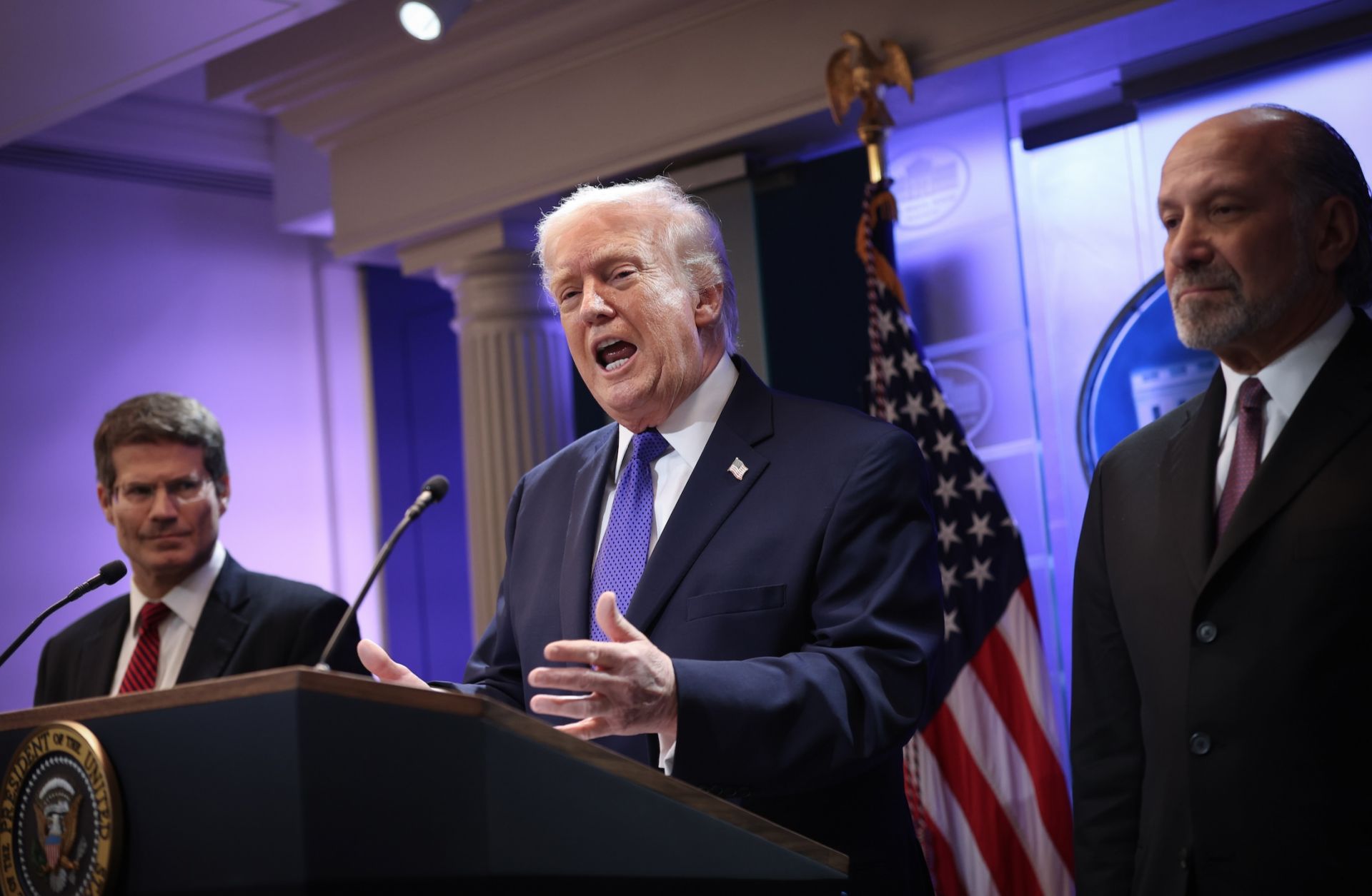 U.S. President Donald Trump speaks during a press briefing at the White House on Feb. 20, 2026, after the U.S. Supreme Court ruled against Trump's use of emergency powers to implement international trade tariffs.