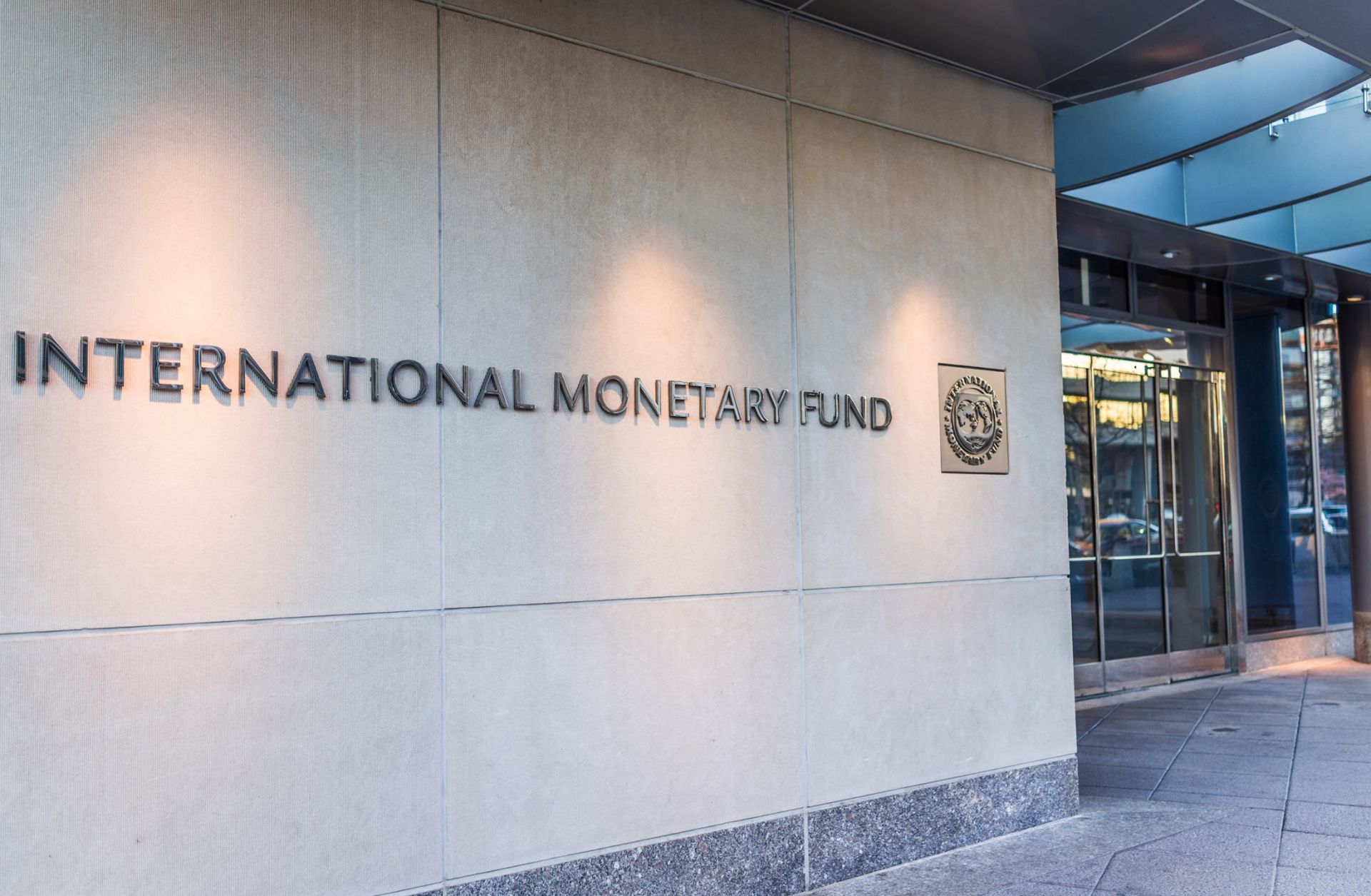 The entrance to the International Monetary Fund headquarters is seen in Washington, D.C.
