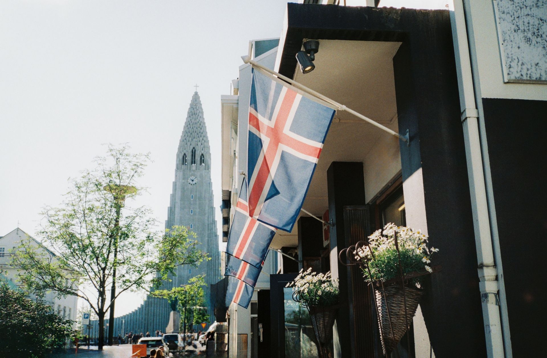 Icelandic flags are seen on a street in Reykjavik.