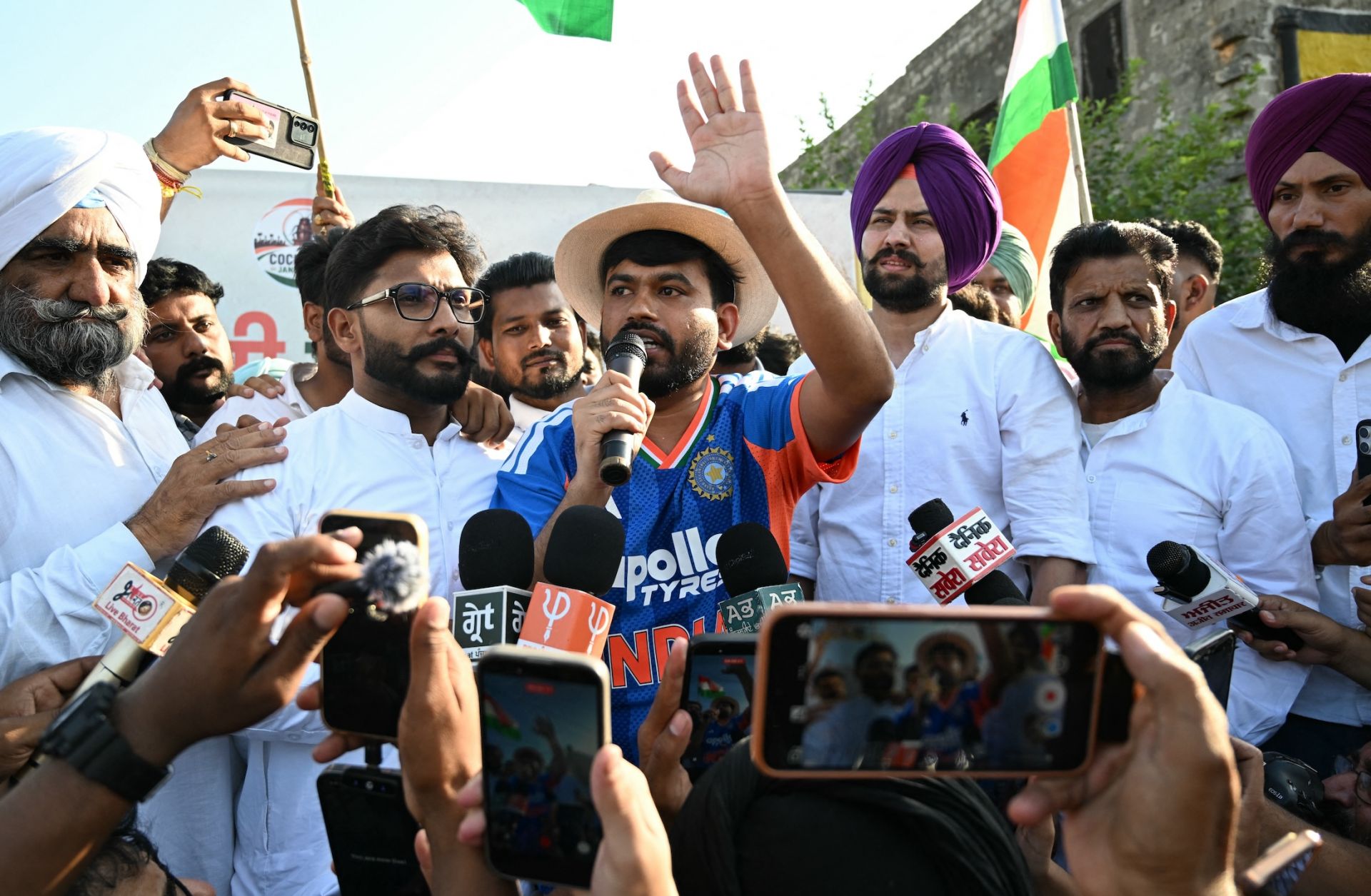 Cockroach Janta Party founder Abhijeet Dipke (center) participates in a protest in Amritsar, India, on June 13, 2026.