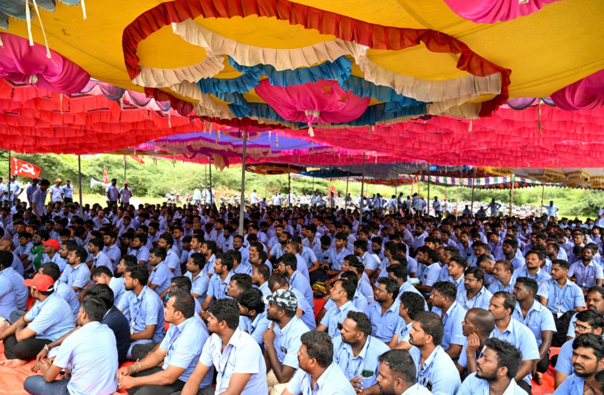 Workers at the Samsung plant in Sriperumbudur, India, stage a protest to demand higher wages and recognition of their union on Sept. 11, 2024. 