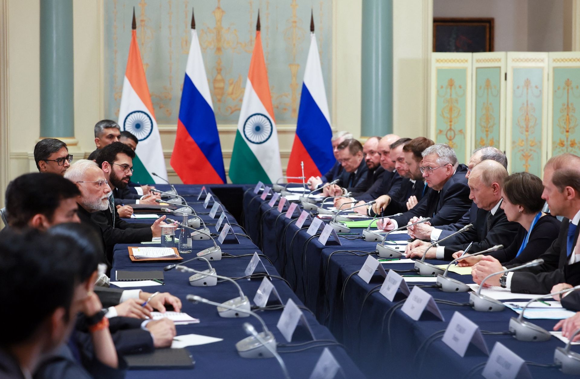 Russian President Vladimir Putin and Indian Prime Minister Narendra Modi hold a meeting on the sidelines of the Shanghai Cooperation Organisation (SCO) Summit in Tianjin on Sept. 1, 2025.