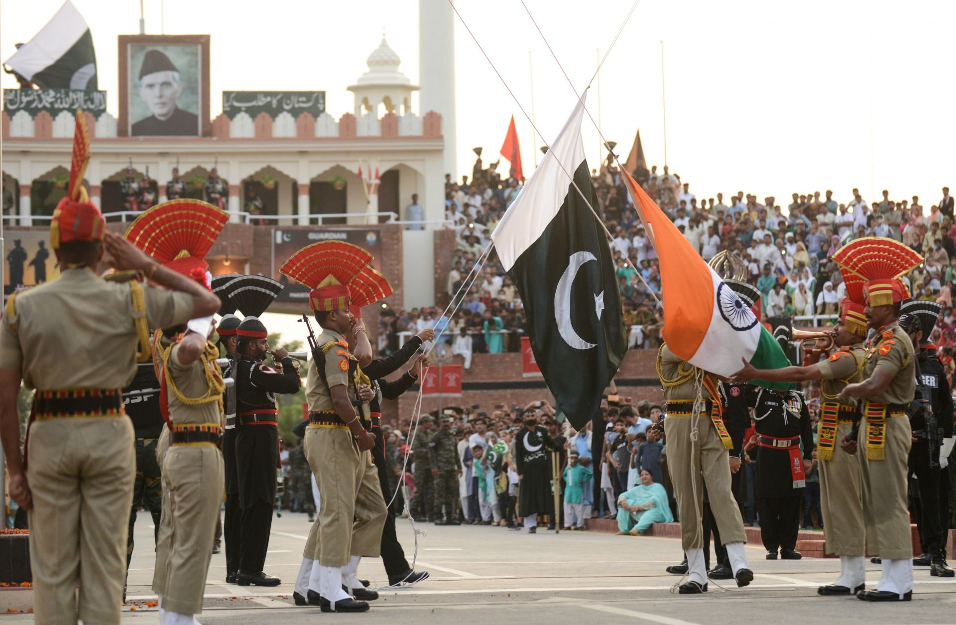 Indian and Pakistani guards take part in a ceremony at their shared border marking the changing of the guard.