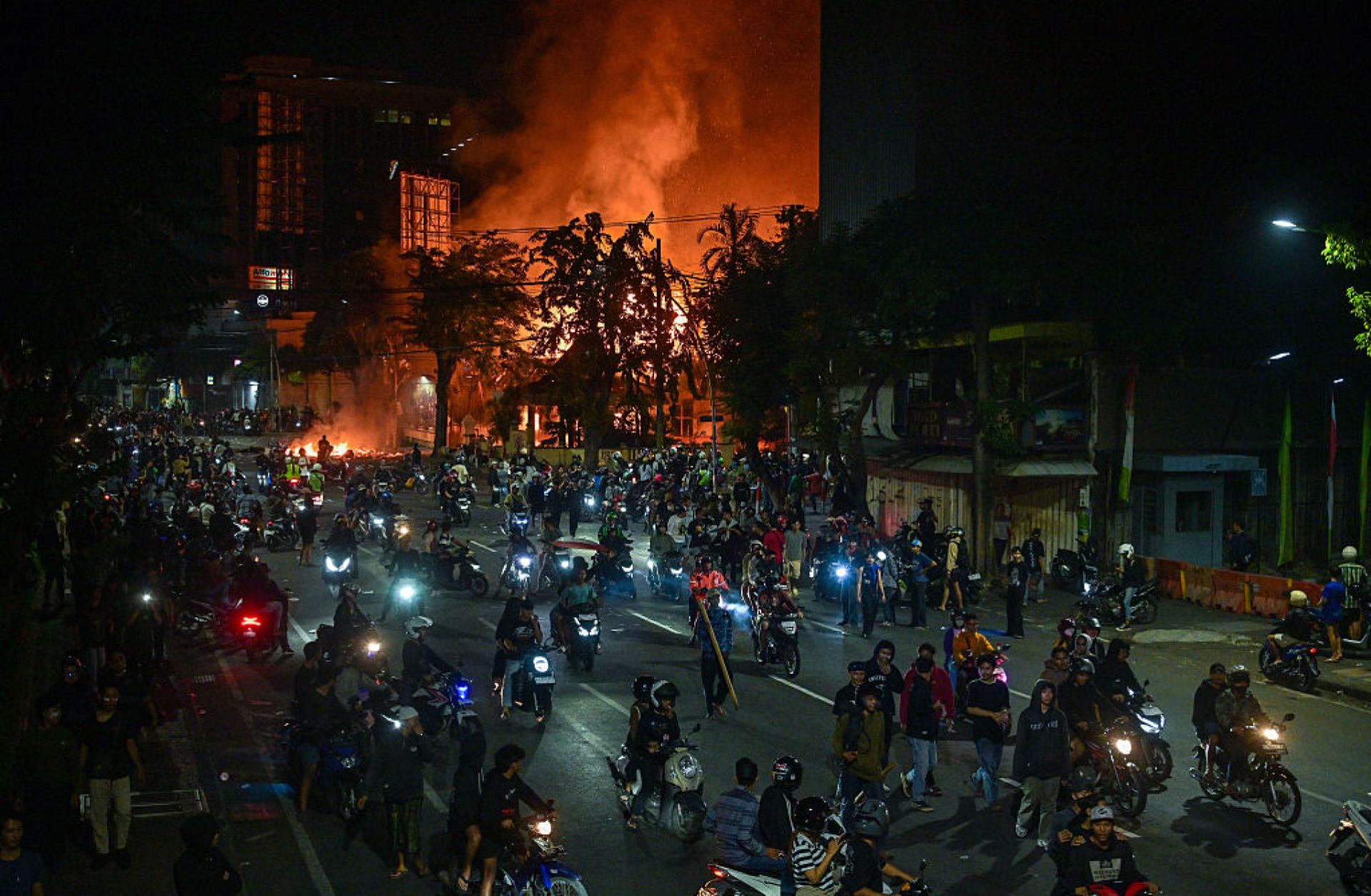A protest in front of police headquarters Aug. 31 in in Surabaya, Indonesia.