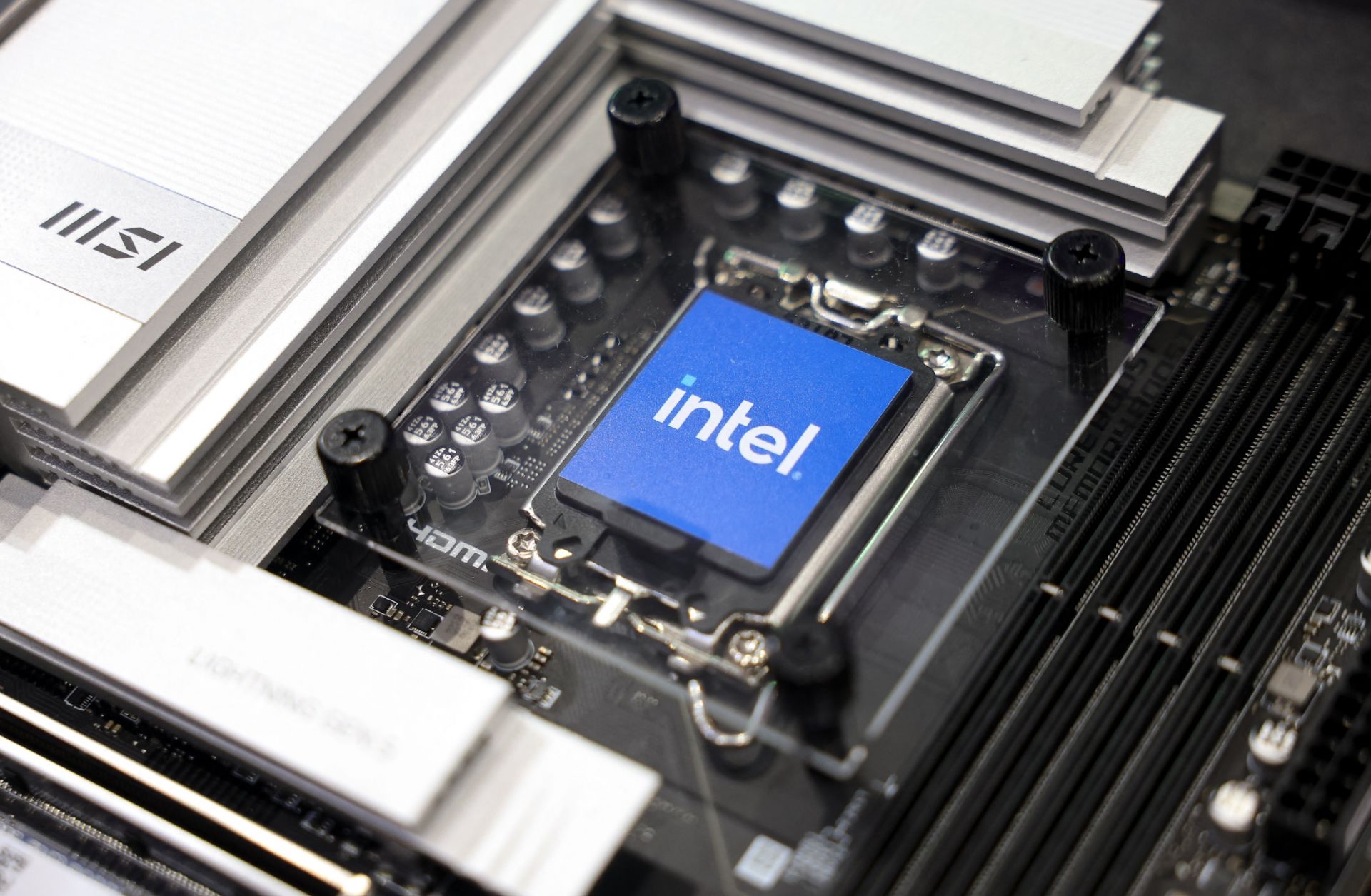 The sample of an Intel chip is displayed during Computex 2024 in Taipei on June 4, 2024. 