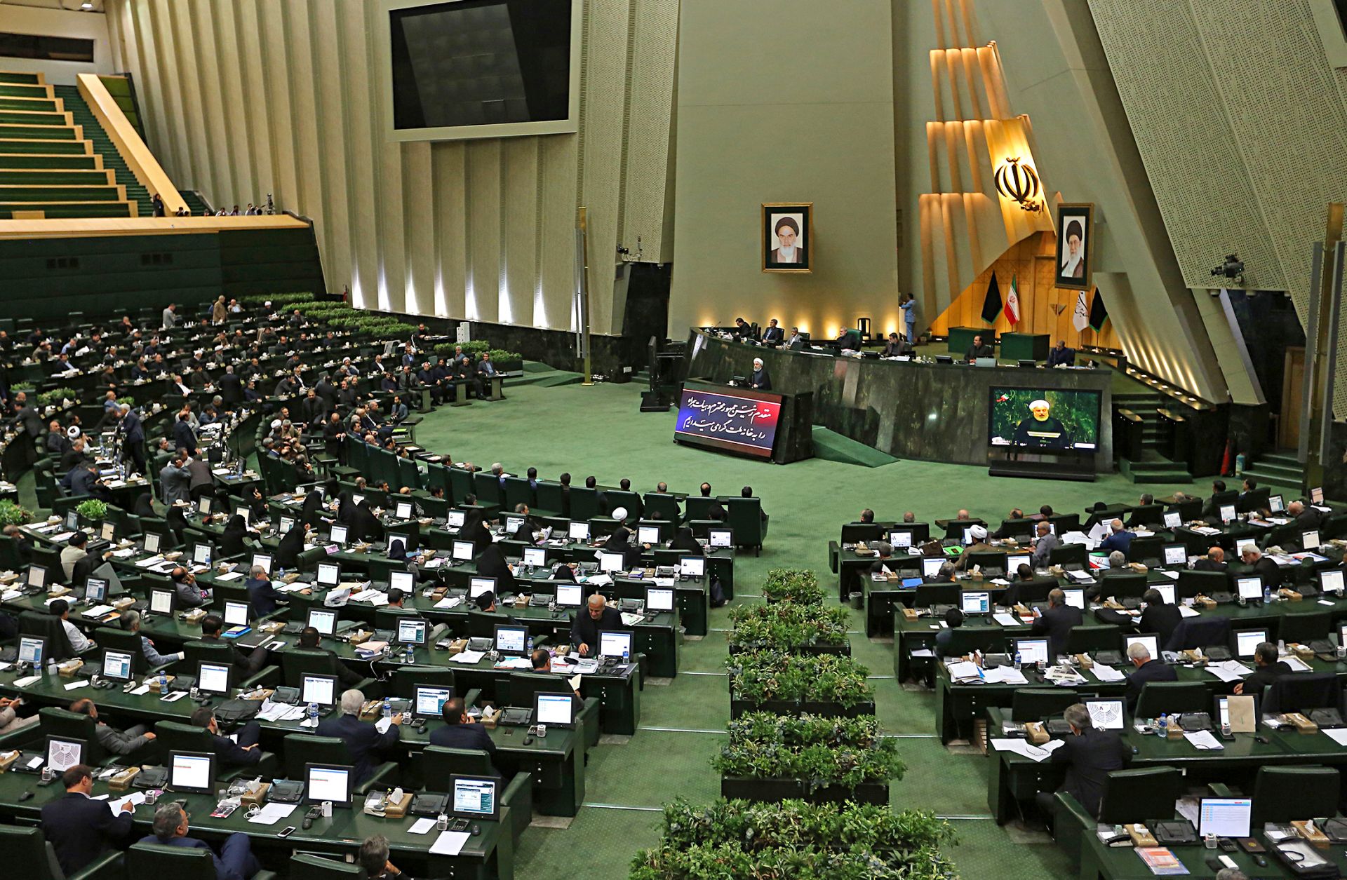 Iranian President Hassan Rouhani addresses parliament in the capital of Tehran on Sept. 3, 2019. 