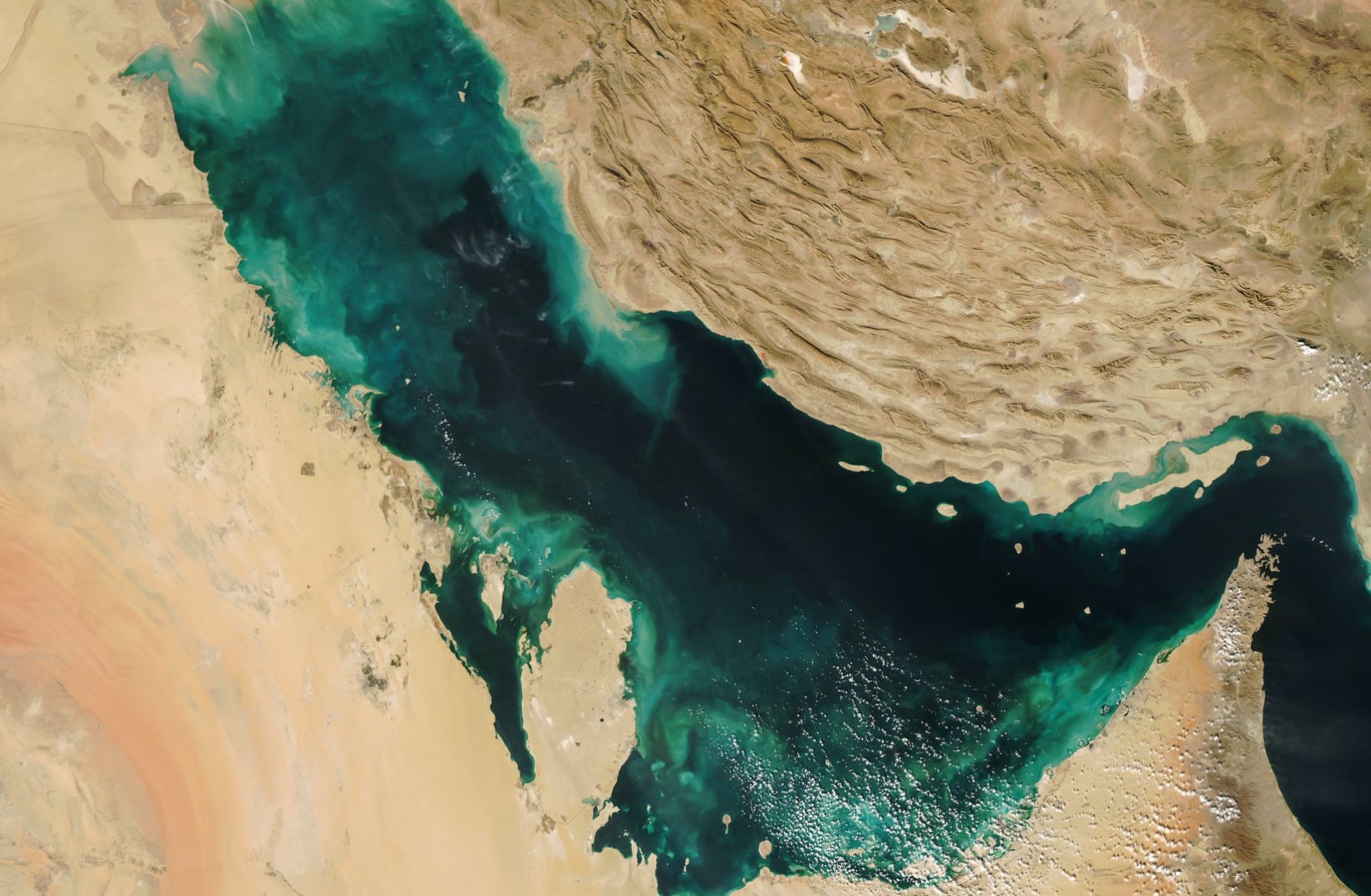 A satellite view of the Persian Gulf, with the Strait of Hormuz chokepoint seen on the right.
