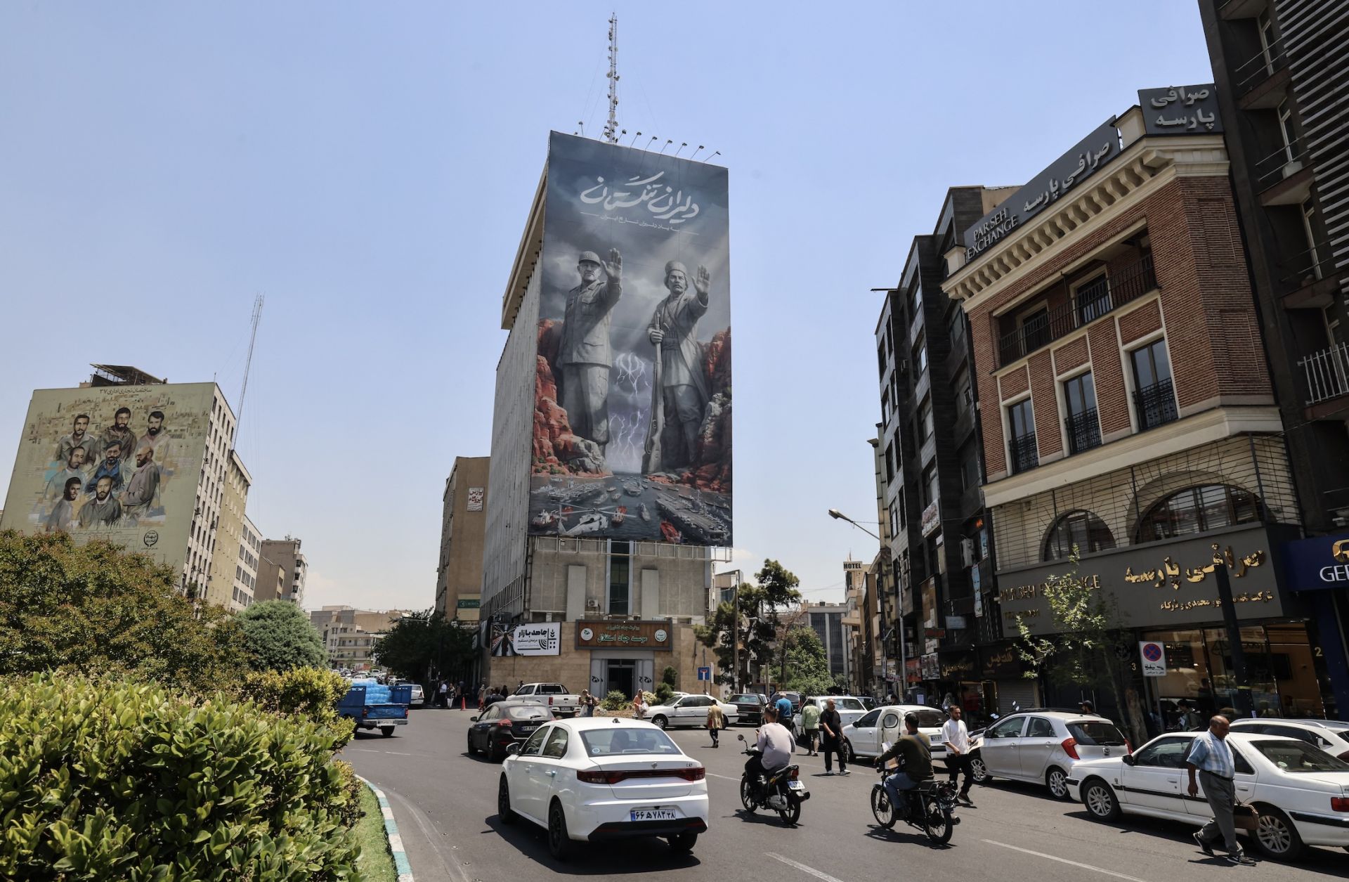 A banner depicting the closure of the Strait of Hormuz on June 3 in Tehran.