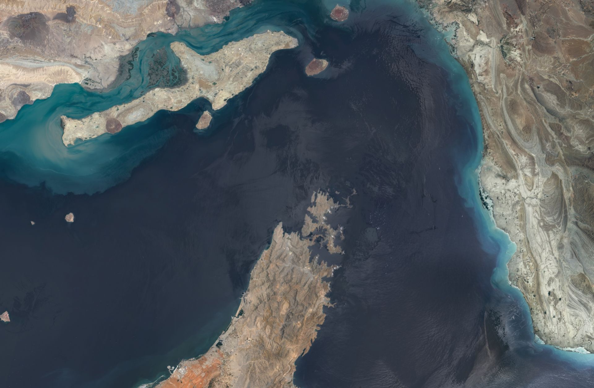 Maps4media-processed Sentinel-2 satellite imagery shows a broad overview of the Strait of Hormuz on June 16, 2026.