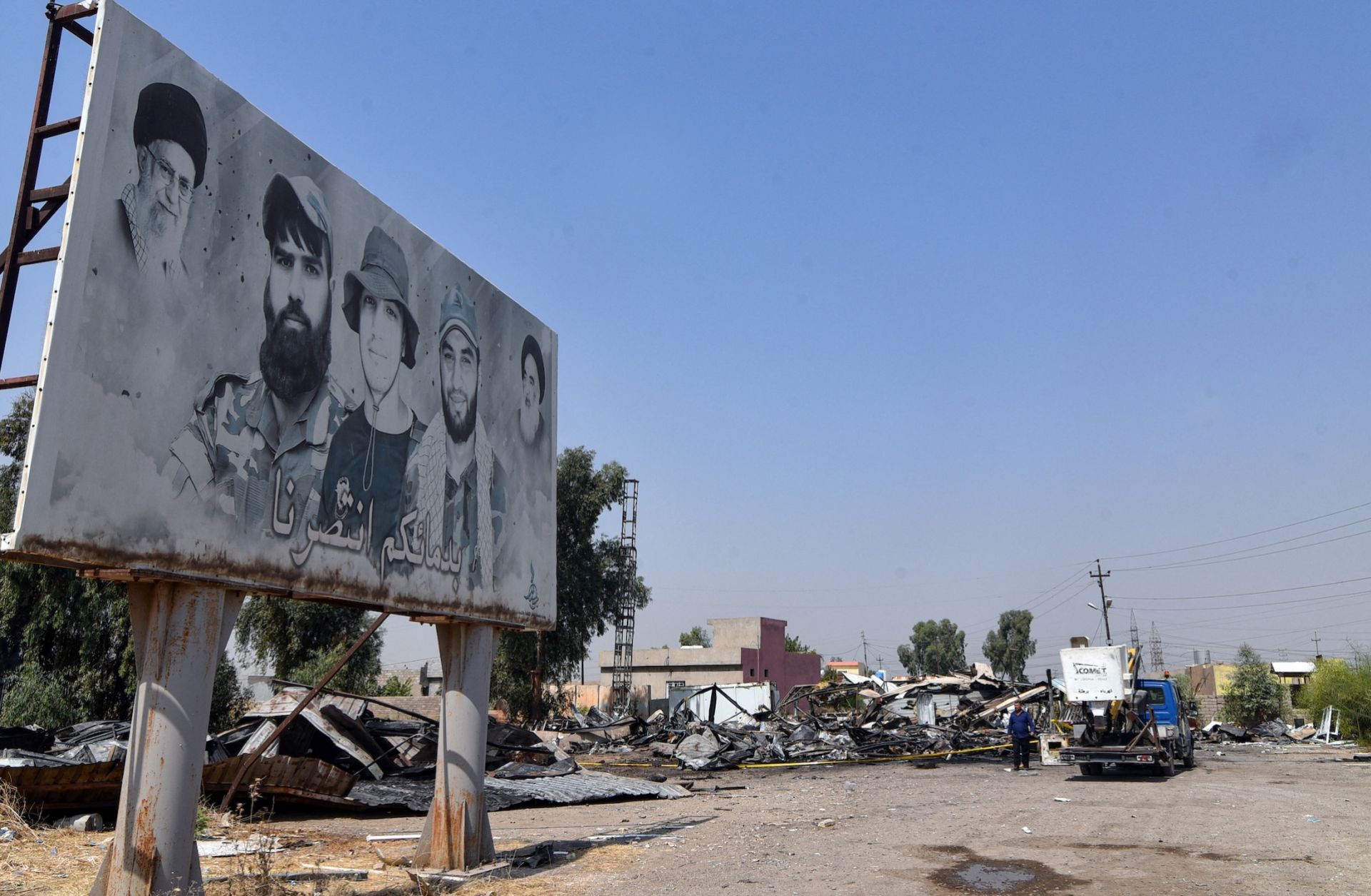 Damaged structures are seen at the site of a U.S.-Saudi strike against Iran-backed militias in Bartalla, northern Iraq, on July 29, 2026. 