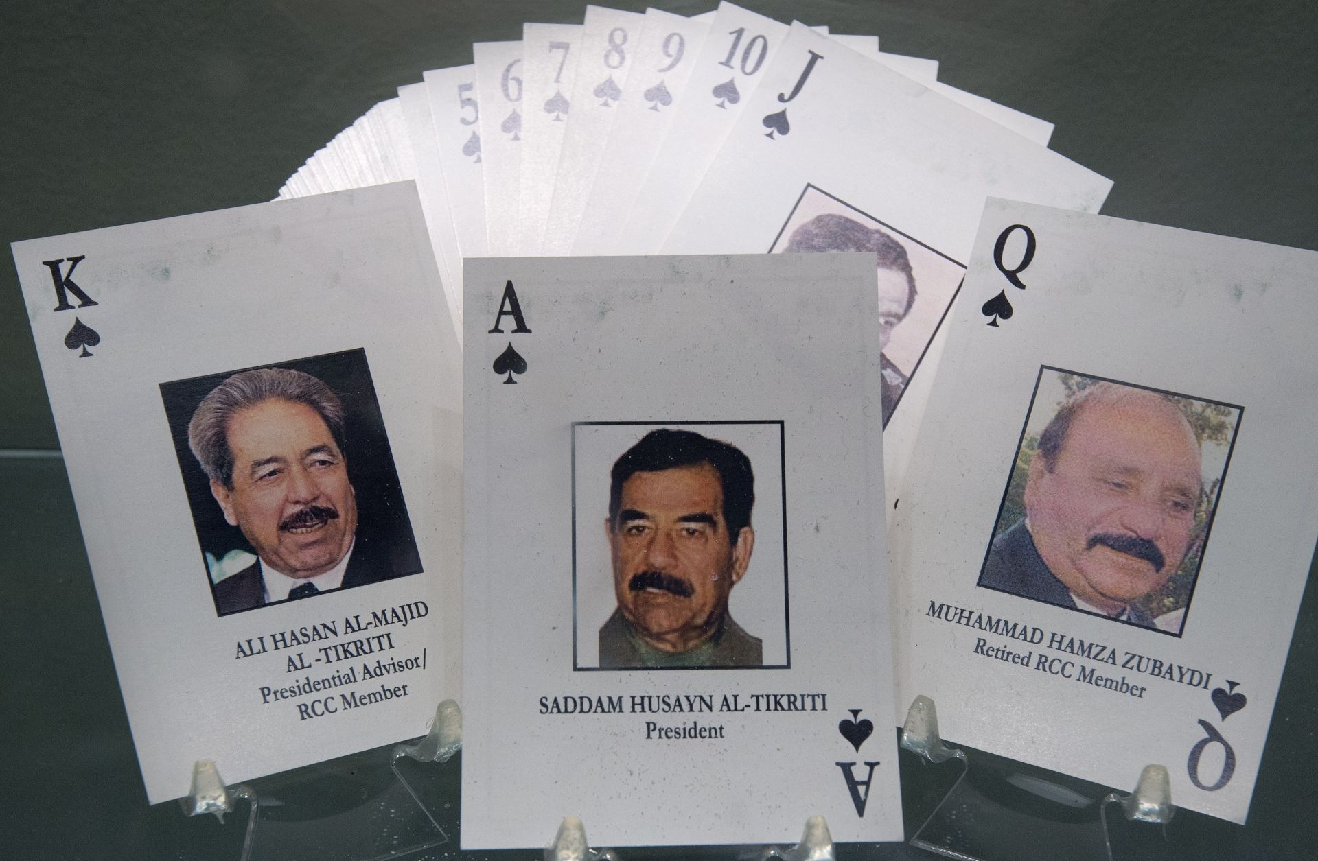 A deck of the "52 most-wanted Iraqi" playing cards from Operation Iraqi Freedom on display in October 2014 at the Pentagon showing high-level members of the Baath Party.