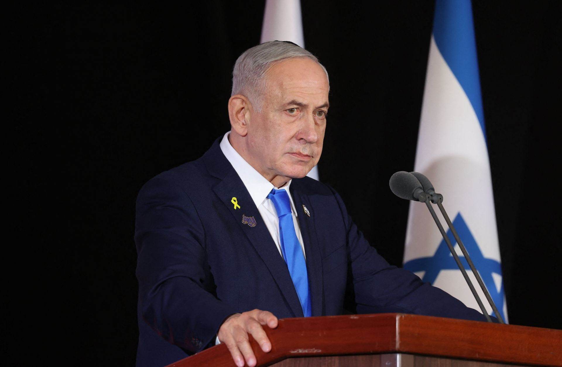 Israeli Prime Minister Benjamin Netanyahu participates in a state memorial ceremony for the fallen soldiers of the two-year Gaza war at the Mount Herzl military cemetery in Jerusalem on Oct. 16, 2025.