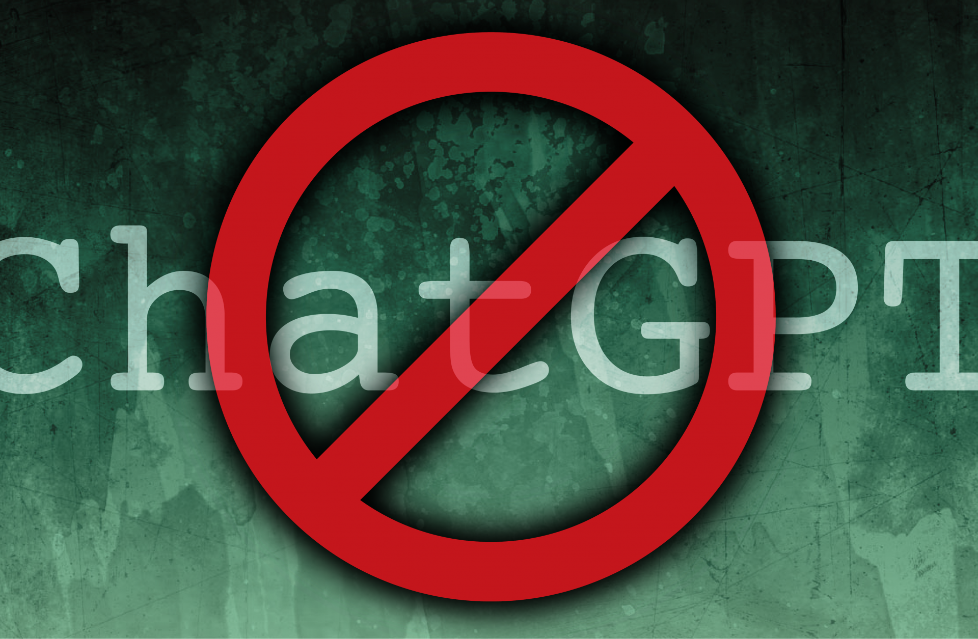 A red prohibition sign is superimposed over the word "ChatGPT" against a green background.