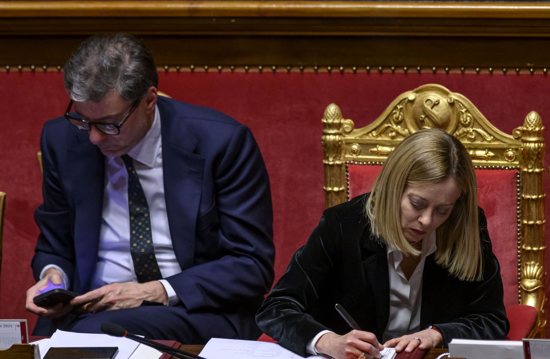 Italian Minister of Economy and Finance Giancarlo Giorgetti and Italian Prime Minister Giorgia Meloni on March 18 in the Italian Senate in Rome.