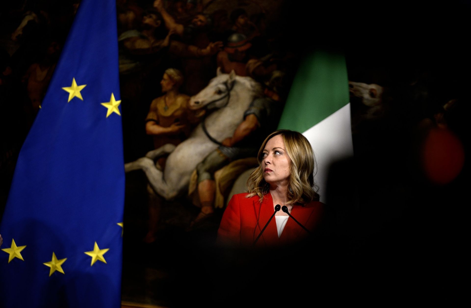 Italian Prime Minister Giorgia Meloni speaks during a meeting at Palazzo Chigi in Rome, Italy, on May 13, 2024. 