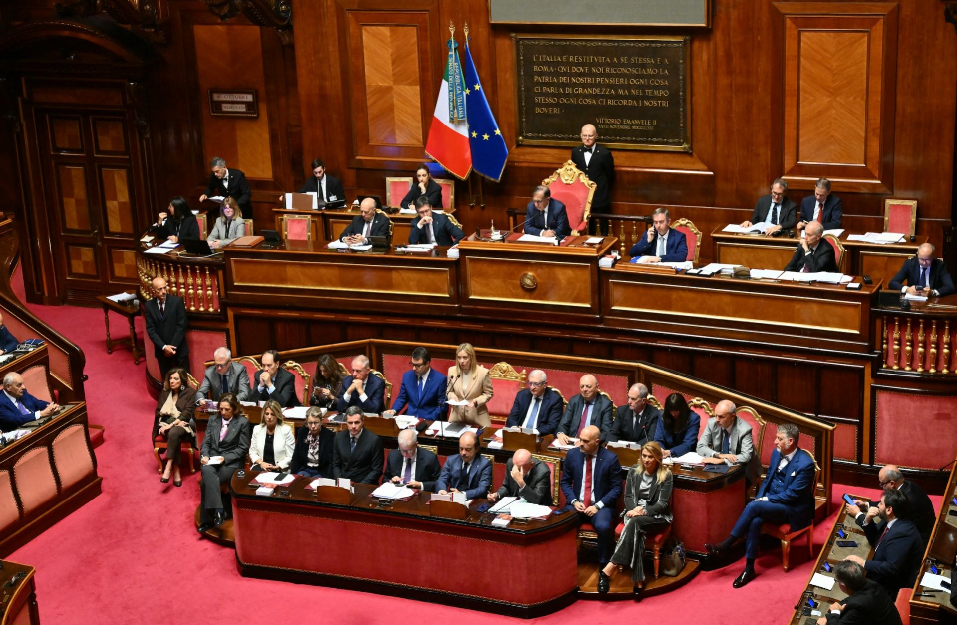 Italian Prime Minister Giorgia Meloni addresses the Senate in Rome on Oct. 22, 2025. Italian Prime Minister Giorgia Meloni addresses the Senate in Rome on Oct. 22, 2025.