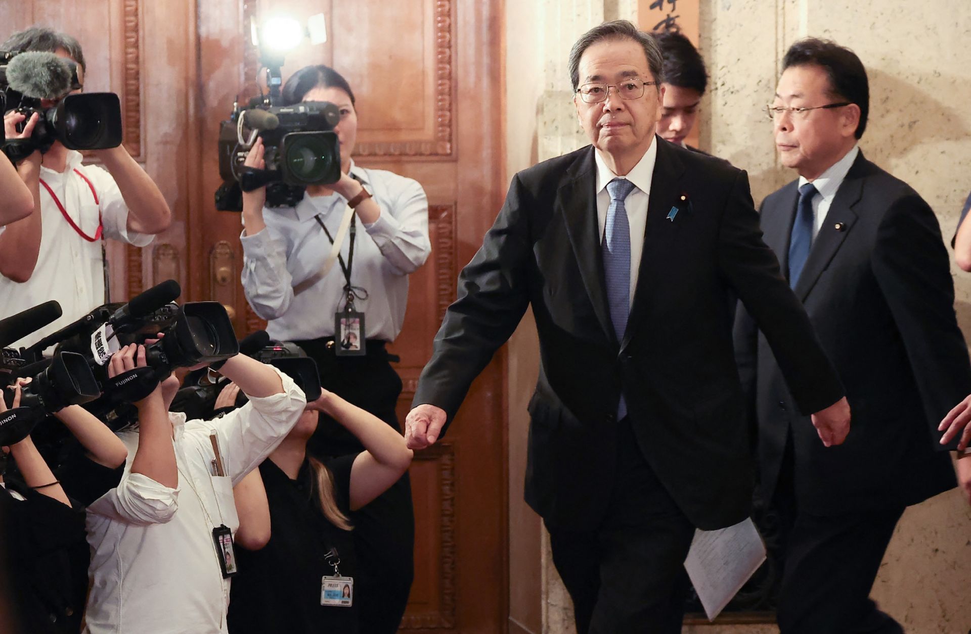 Tetsuo Saito, the leader of Japan's Komeito party, attends a meeting at the Diet in Tokyo on Oct. 10, 2025.