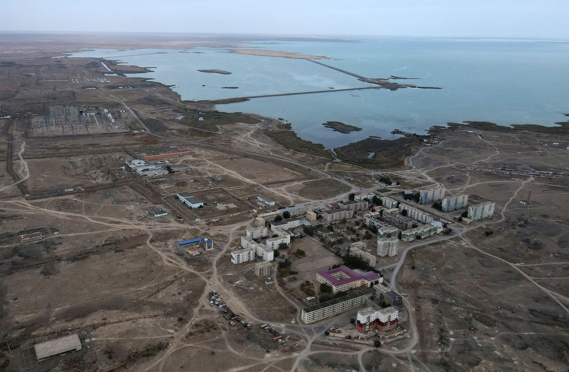 An aerial view shows the Kazakh village of Ulken (foreground), where the country's first nuclear power plant is set to be built, on Sept. 22, 2024.