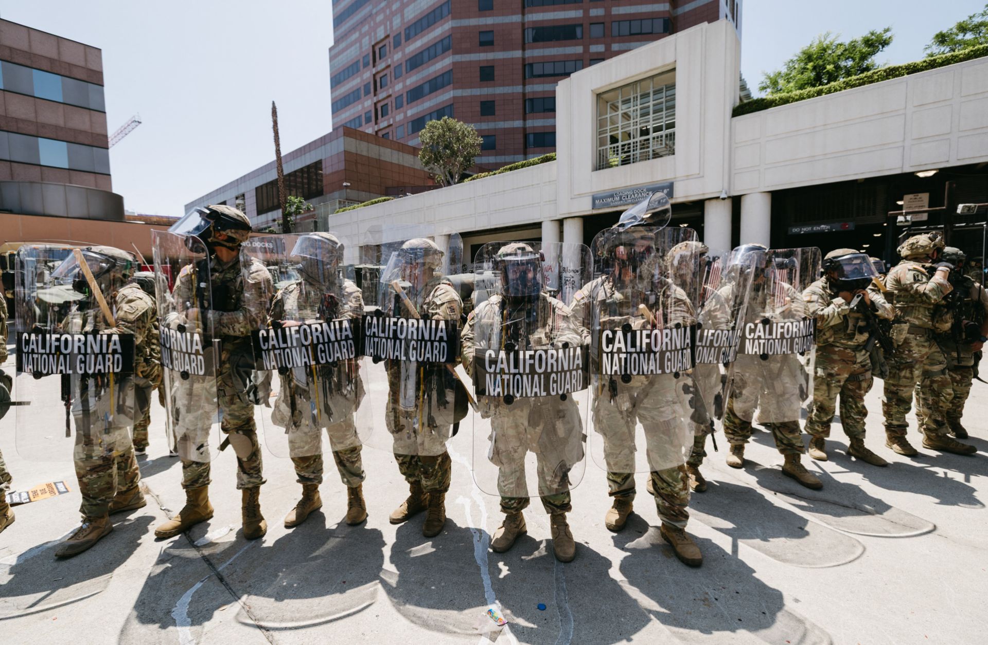 National Guard troops stand in front of a government building during a protest in Los Angeles, California, on June 8, 2025. 