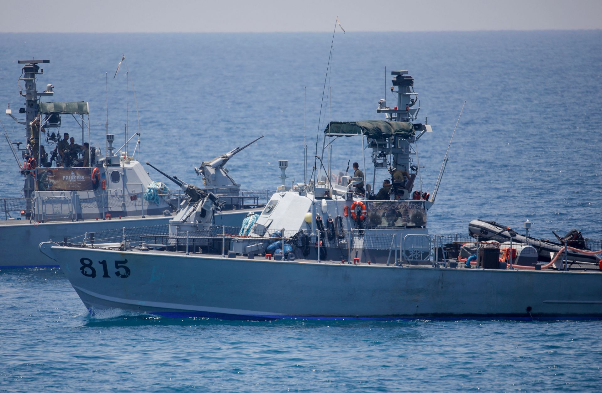 Israeli navy vessels are pictured off the coast of Rosh Hanikra, Israel, on June 6, 2022, near the border between Israel and Lebanon. Israeli navy vessels are pictured off the coast of Rosh Hanikra, Israel, on June 6, 2022, near the border between Israel and Lebanon.