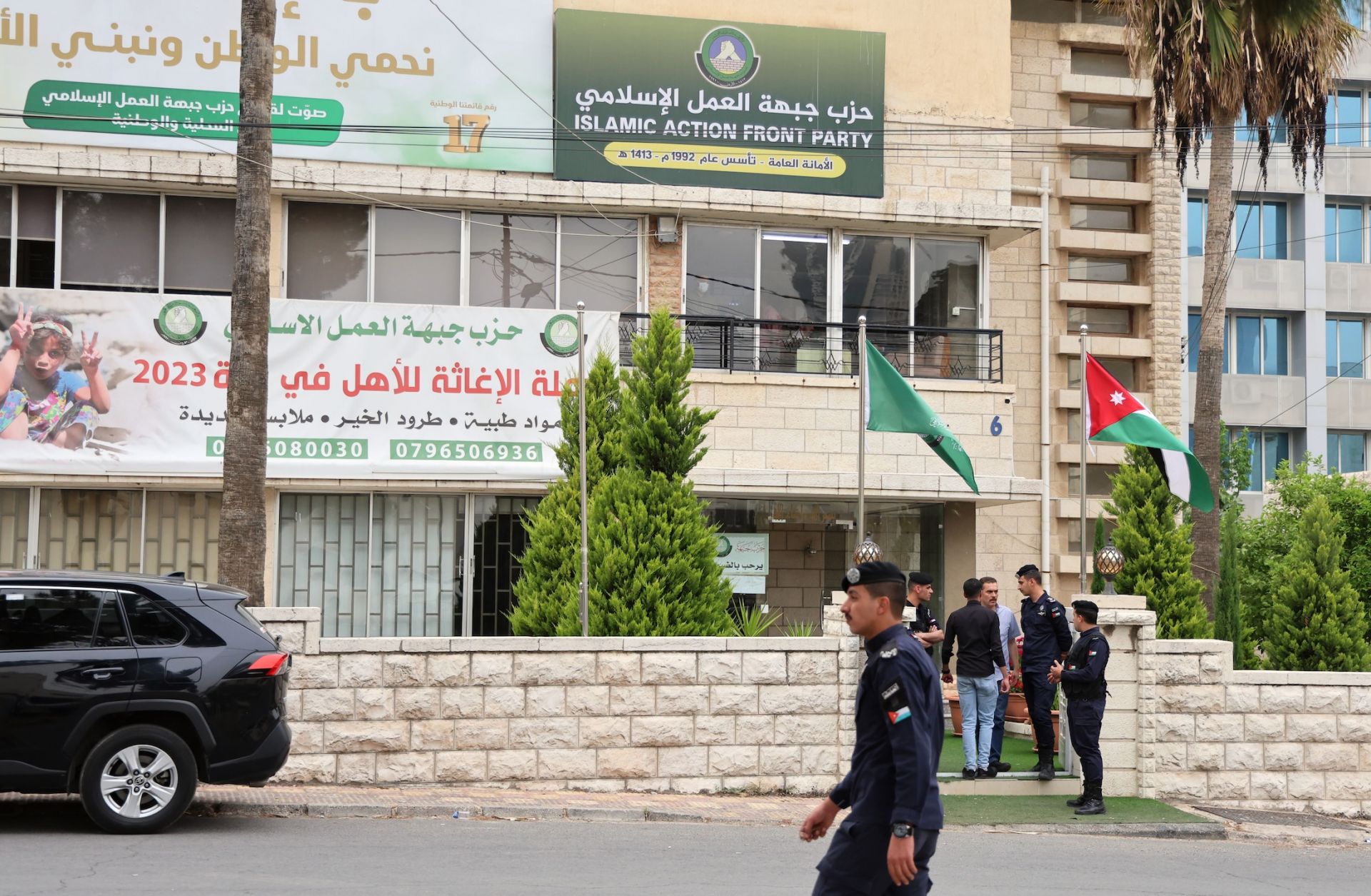 Jordanian police close the entrance of a Muslim Brotherhood headquarters on April 23, 2025, in Amman, Jordan. Jordanian police close the entrance of a Muslim Brotherhood headquarters on April 23, 2025, in Amman, Jordan.